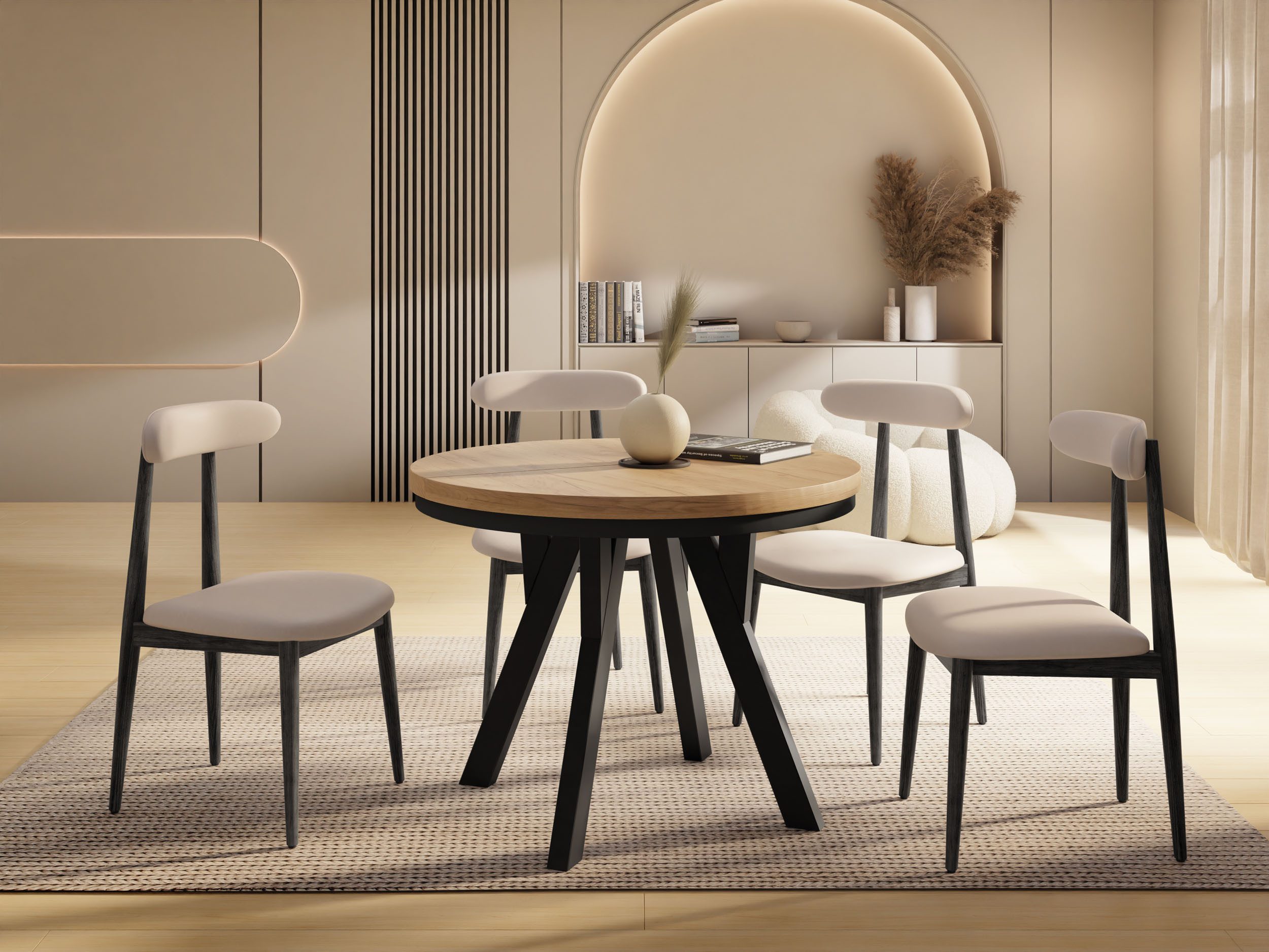 WFL GROUP Esstisch Vero ausziehbar verlängerbar rund modern mit Schwarzen Holzbeinen (MADE IN EU, XXL Groß – 90/100 cm ausziehbar auf 190/200/300 cm), platzsparender Tisch für kleine Küche, Esszimmer oder Wohnzimmer