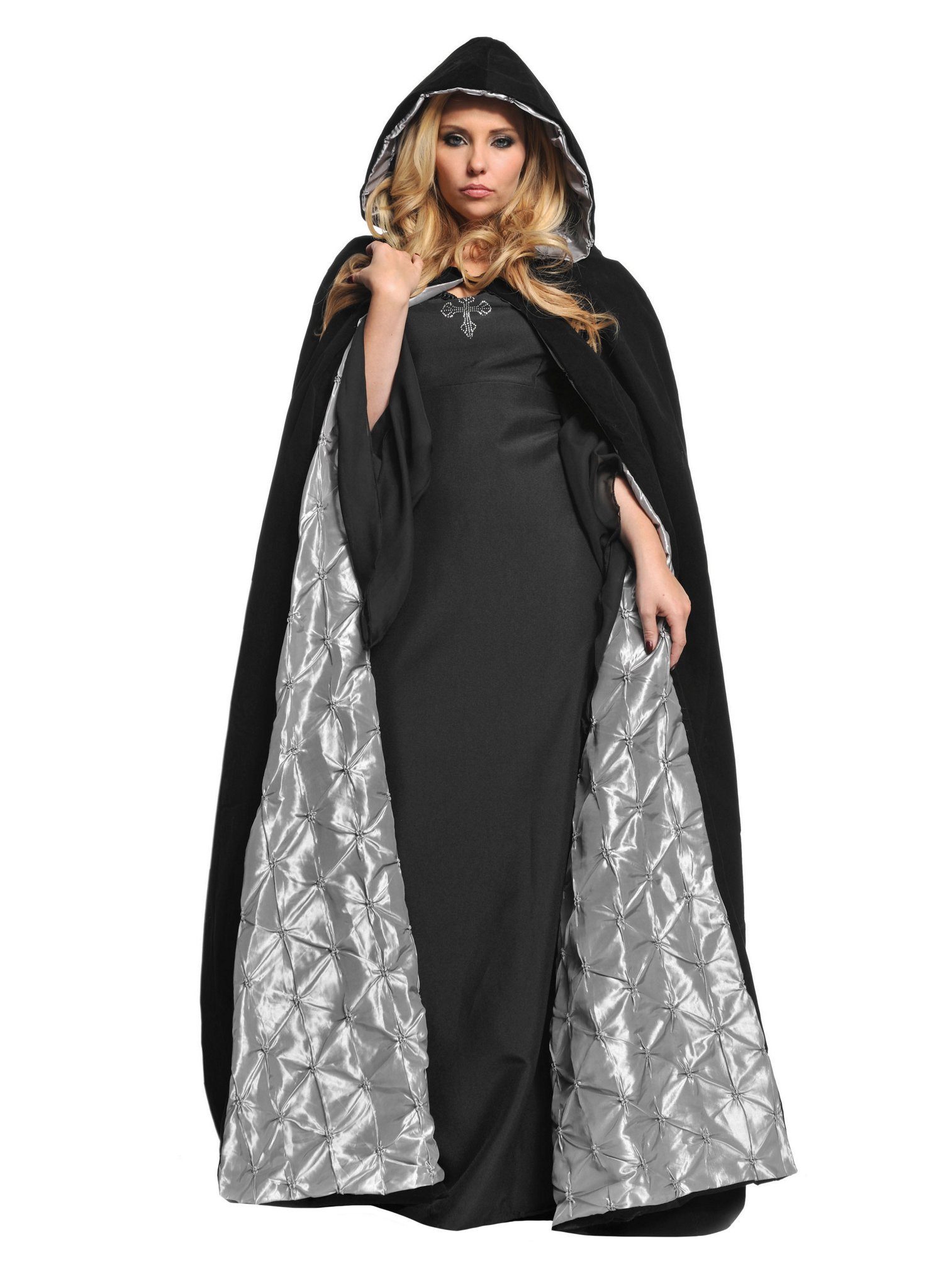 Underwraps Zauberer-Kostüm Kapuzencape mit silber Innenfutter, Düsterer Umhang in hoher Qualität zum tollen Preis