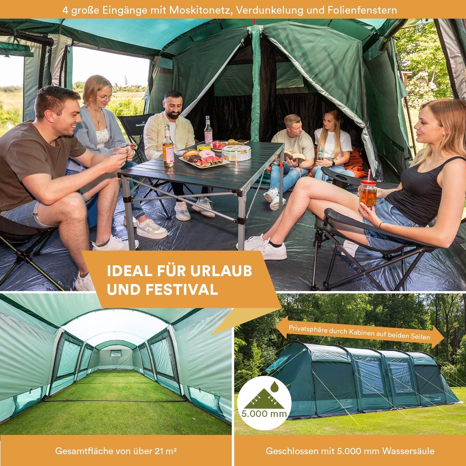 Skandika Tunnelzelt Montana 8, Familienzelt mit 3-4 Schlafkabinen, 4 Eingänge, Personen: 8 (Seiteneingang mit Vordach, Organizer-Taschen, Haken für Zeltlampe), wasserdicht, 5000mm Wassersäule, Moskitonetz, Tragetasche, 2m Stehhöhe