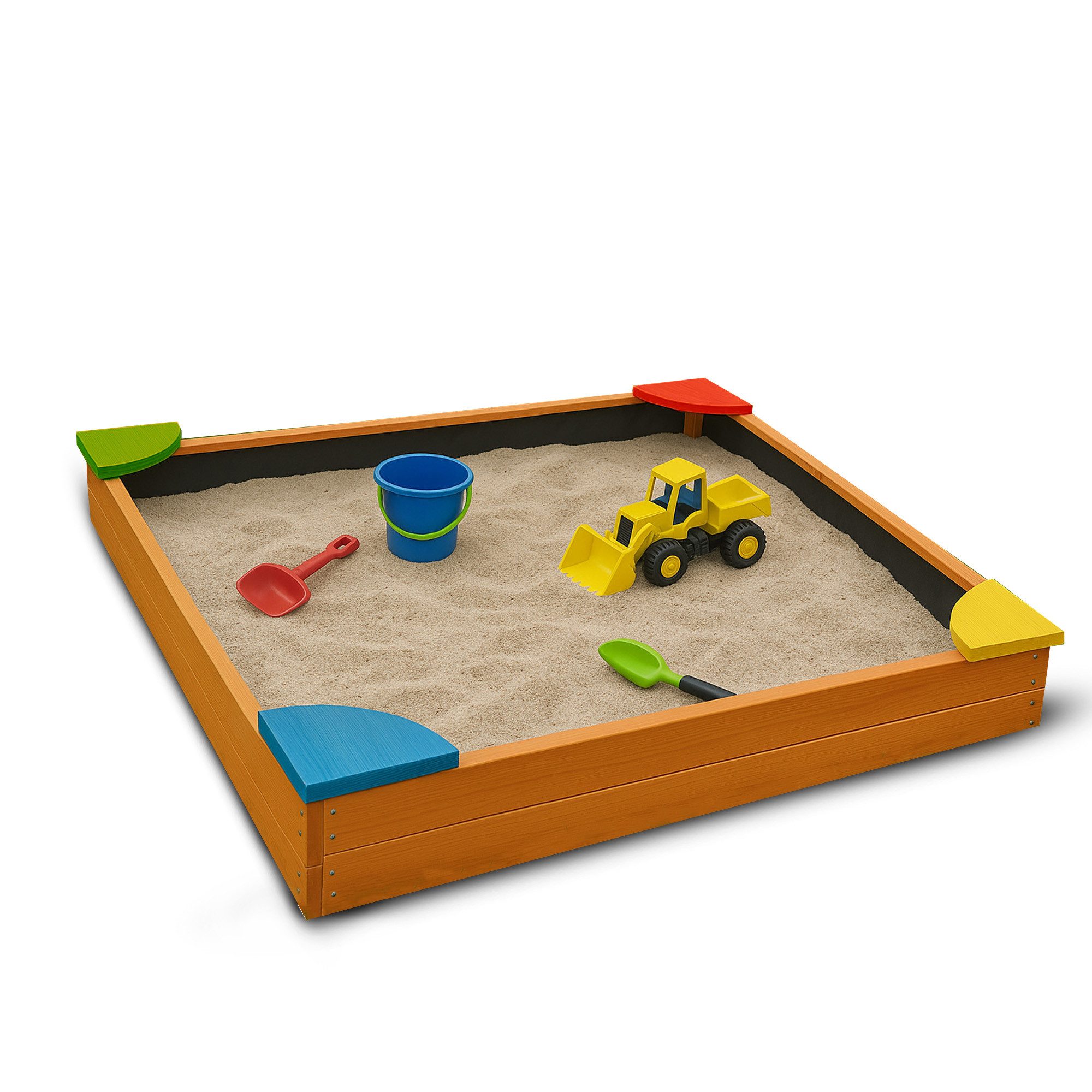 Bestlivings Sandkasten aus Tannenholz, (90x90x16 cm), 4 farbige Sitzecken, inkl. Abdeckung & Bodenplane
