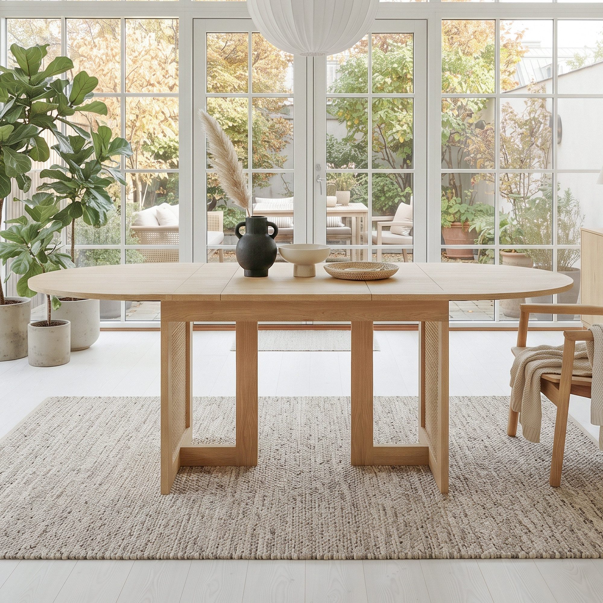 Flieks Esstisch ausziehbare Tischplatte in Holzoptik, Tischbeine aus Rattan (Verstellbare Länge 120-160/T80/H75 cm, 1-St., 1 Tisch), ovaler Küchentisch erweiterbar Arbeitstisch Landhausstil Eichenfarbe