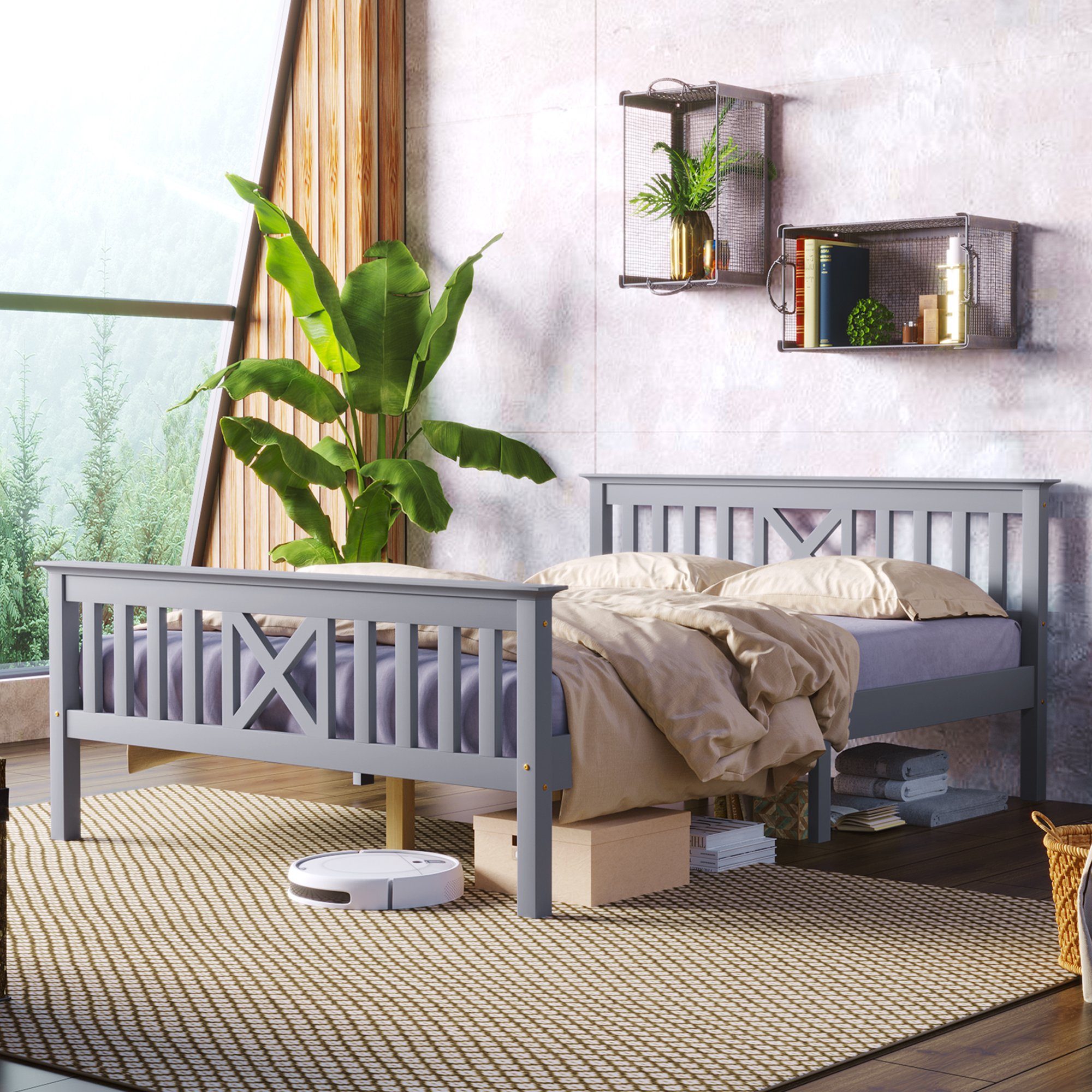 Massivholzbett, Doppelbett Holzbett mit Lattenrost und Kopfteil 140x200cm Kiefer