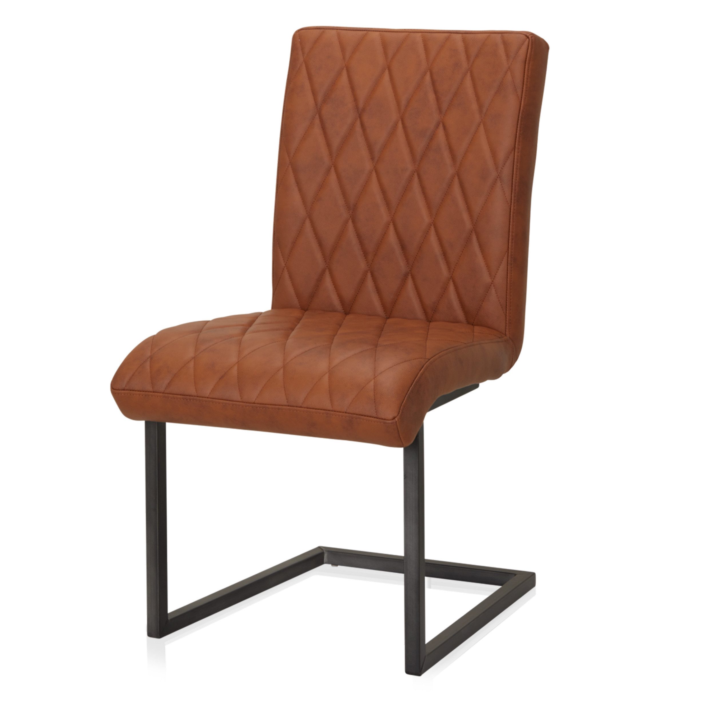 KHG Freischwinger Esszimmerstuhl Leder Braun, bis 110 kg belastbar, Vintage Stil, gepolstert, Nosag-Wellenfederung, Metallgestell Schwarz