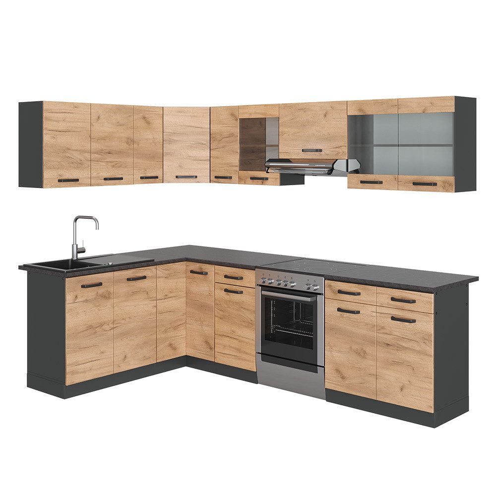 Vicco Winkelküche R-Line, Goldkraft Eiche/Anthrazit, 267 x 167 cm, AP Schwarz