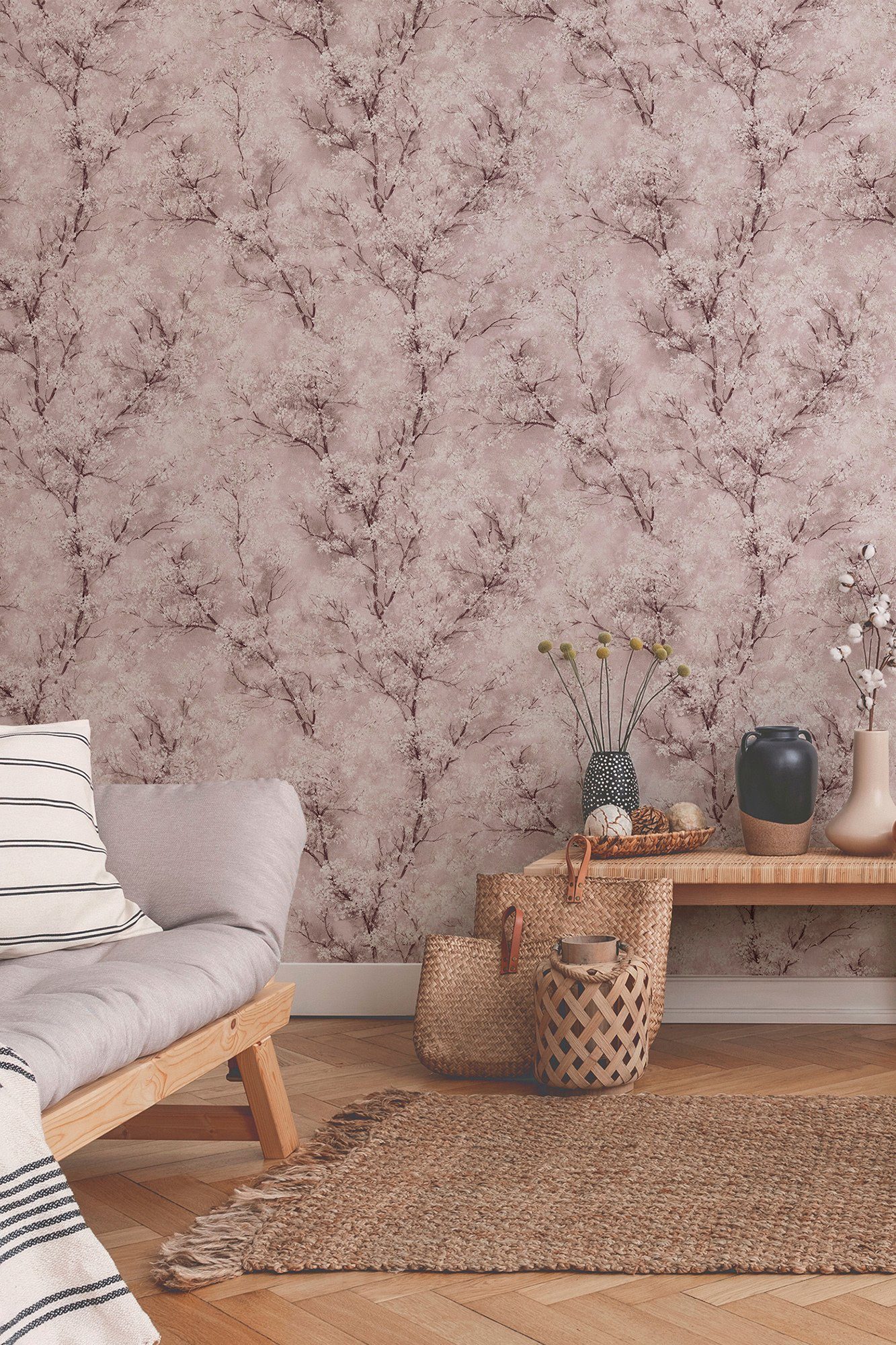 living walls Vliestapete New Walls Cosy & Relax mit Kirschblüten, glatt, floral, Wald, botanisch, Tapete Wald Tapeten Wohnzimmer Schlafzimmer Küche modern Design Optik