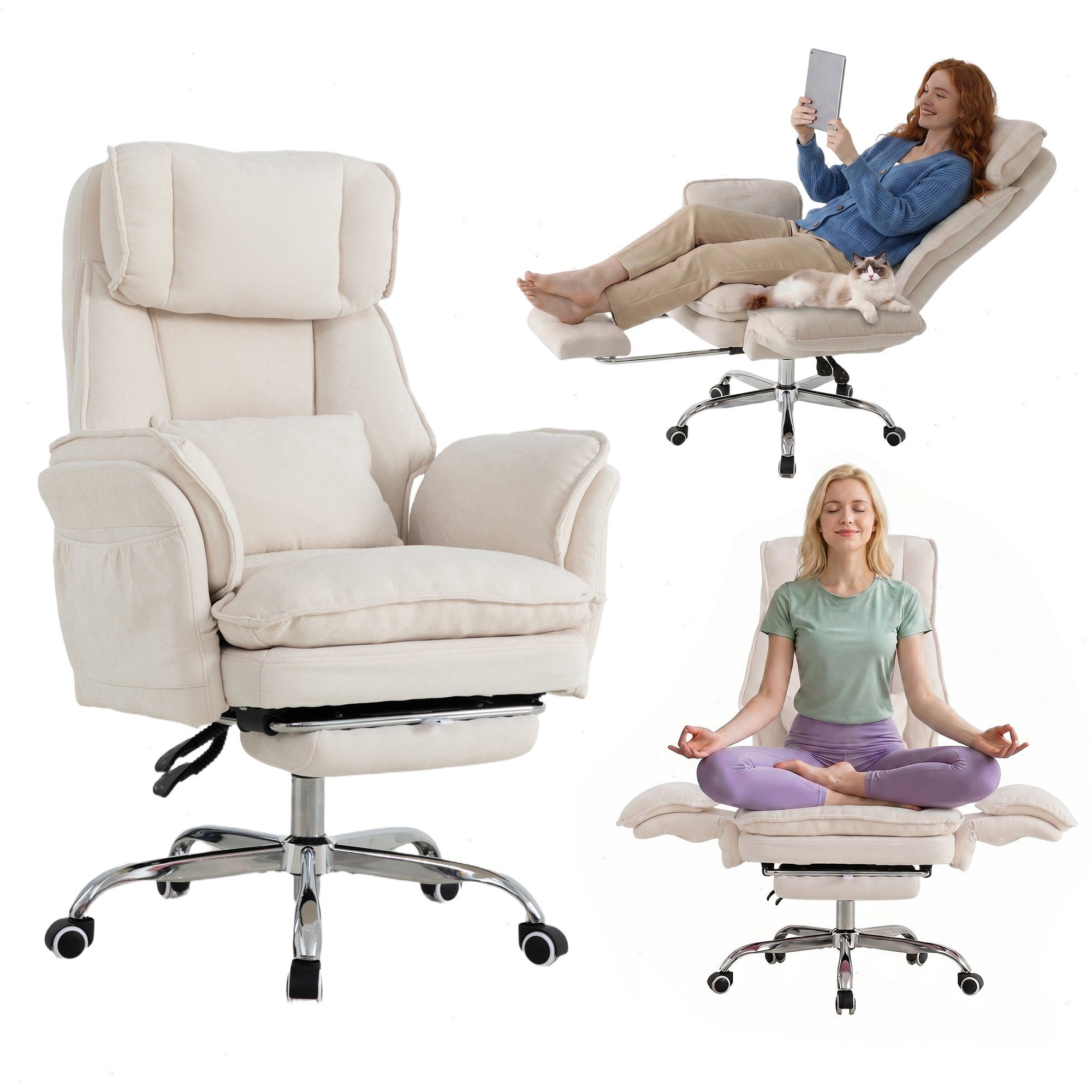 UEV Bürostuhl ergonomisch mit klappbarer Fußstütze Mesh bis 226kg, neigbar bis 150° (Packung), Hochklappbare Armlehnen/Integrierte Fußstütze/leichtgängiges Rad