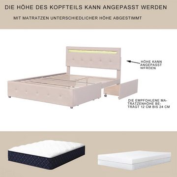 OKWISH Bett Polsterbett 140 x 200 cm, Kinderbett Jugendbett Gästebett (mit Kopfteil & 4 Schubladen, ohne Matratze)