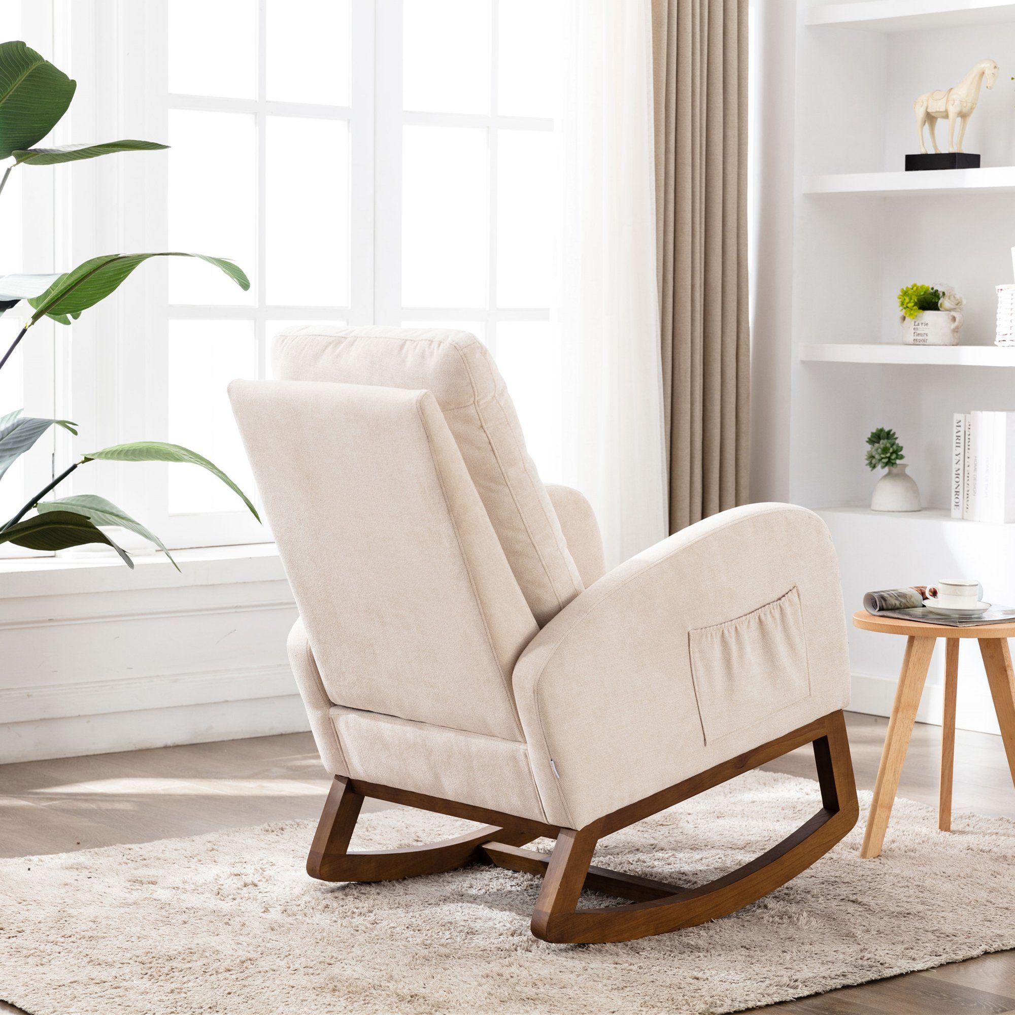 Schaukelstuhl OKWISH (mit Baby- Sessel hoher Stuhl Polsterstuhl Schaukelstuhl beige Seitentaschen, Wohnzimmerstuhl und mit Kindergepolsterter Rückenlehne), Relax