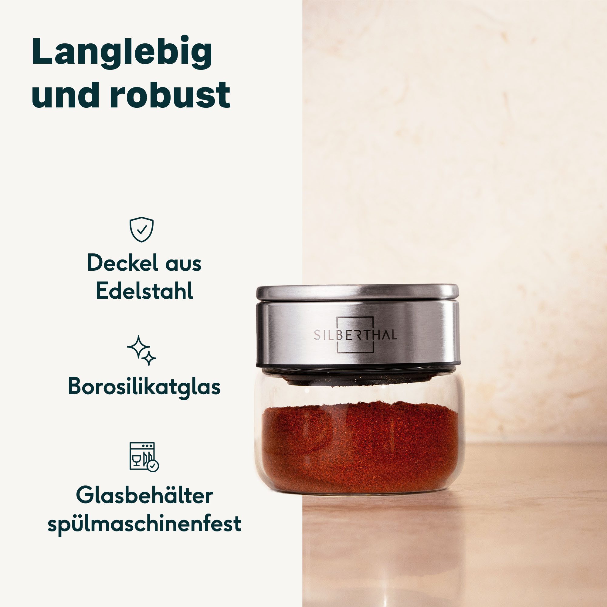SILBERTHAL Gewürzbehälter Gewürzglas 100 ml mit Klickdeckel, Glas, Edelstahl, (Einzeln, 1-tlg), Luftdicht & Mottensicher – Bild 5 von 5