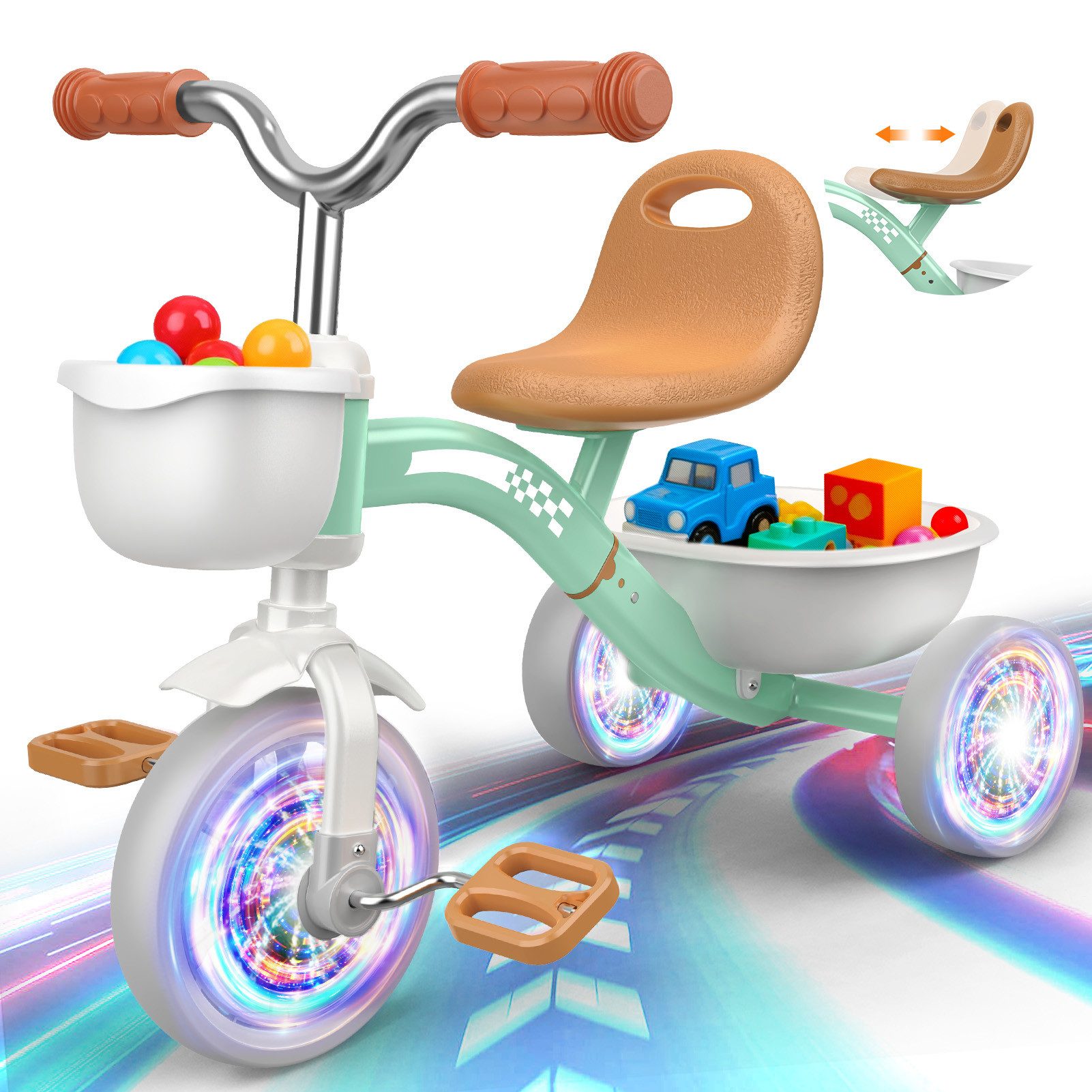 Wootoy Dreirad Kinder Dreirad Kinderfahrrad Lauffahrrad mit LED-Leuchträdern, 4-fach verstellbarem Sitz 2 Aufbewahrungskörben und leisen Rädern