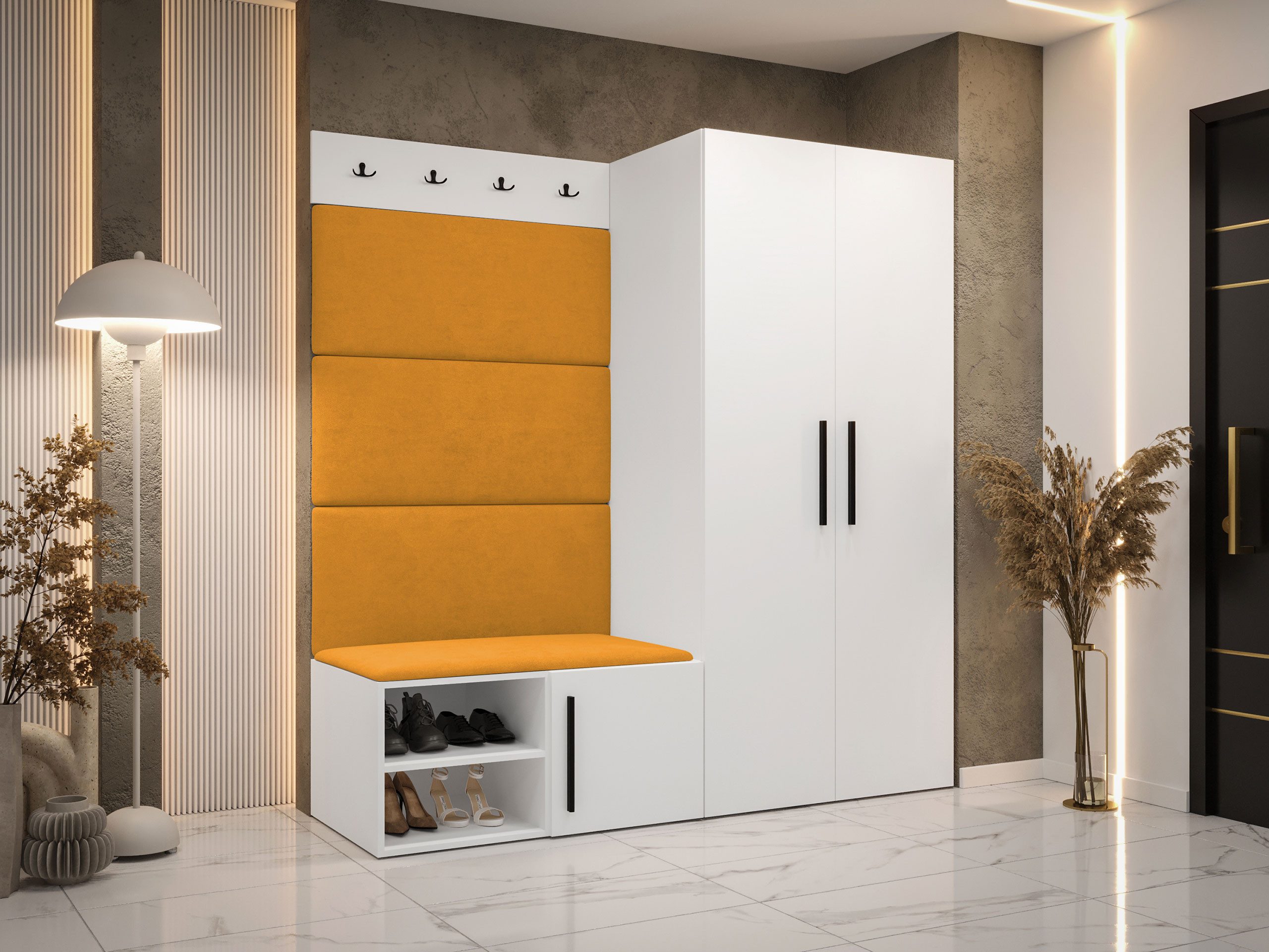 MIRJAN24 Garderoben-Set Medi I, (Drehtürenschrank, Schuhschrank, 4x Paneel 84x42), Kleiderstange, 4 Kleiderhaken für Kleidung