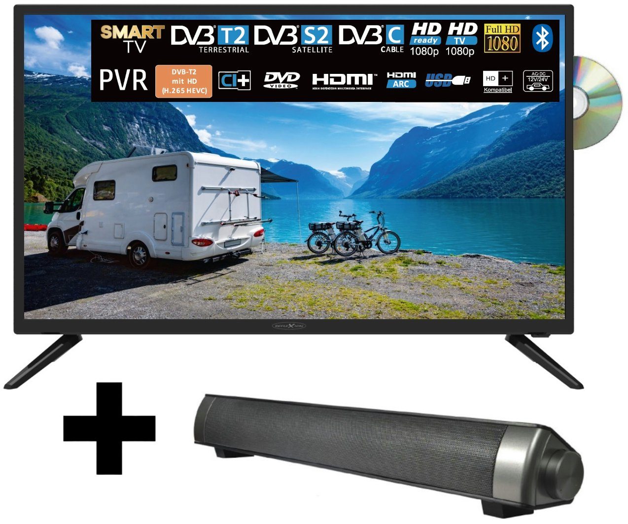 Reflexion LDDW32i+ LED-Fernseher (80,00 cm/32 Zoll, Full HD, Smart-TV, DC IN 12 Volt / 24 Volt, Netzteil 230 Volt, Fernseher für Wohnwagen, Wohnmobil, Camping, Caravan, mit integriertem DVD-Player, inkl. Soundbar)