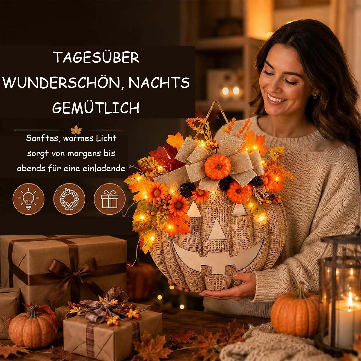 Kunstkranz Beleuchteter Sackleinen-Kürbiskranz, ferngesteuerte Halloween, Bomiclss – Bild 4 von 5
