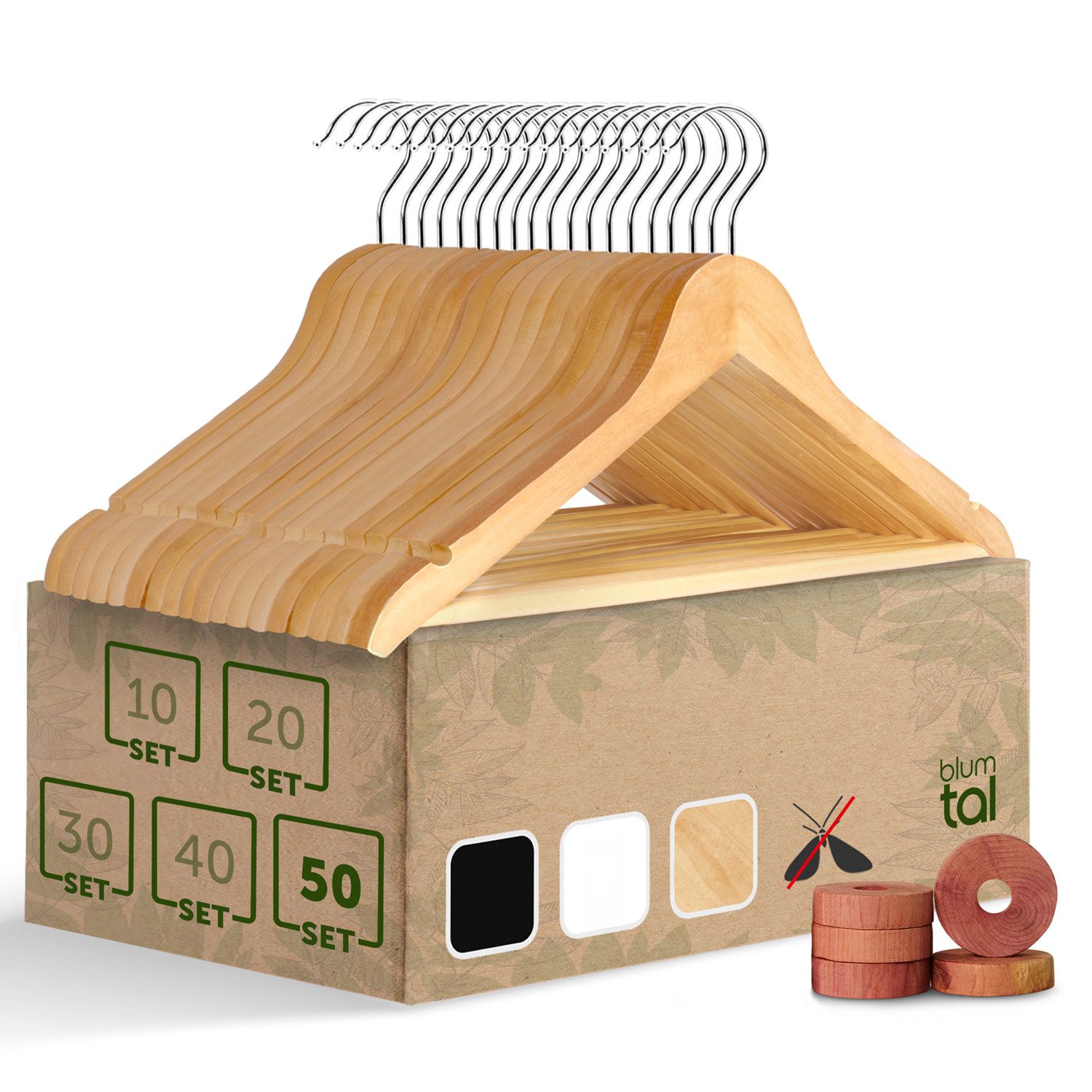 Blumtal Kleiderbügel Kleiderbügel Holz mit 360° drehbarem Metallhaken, (50-tlg), Zedernholz Mottenschutz mit Anti-Rutsch-Schicht & Einkerbungen
