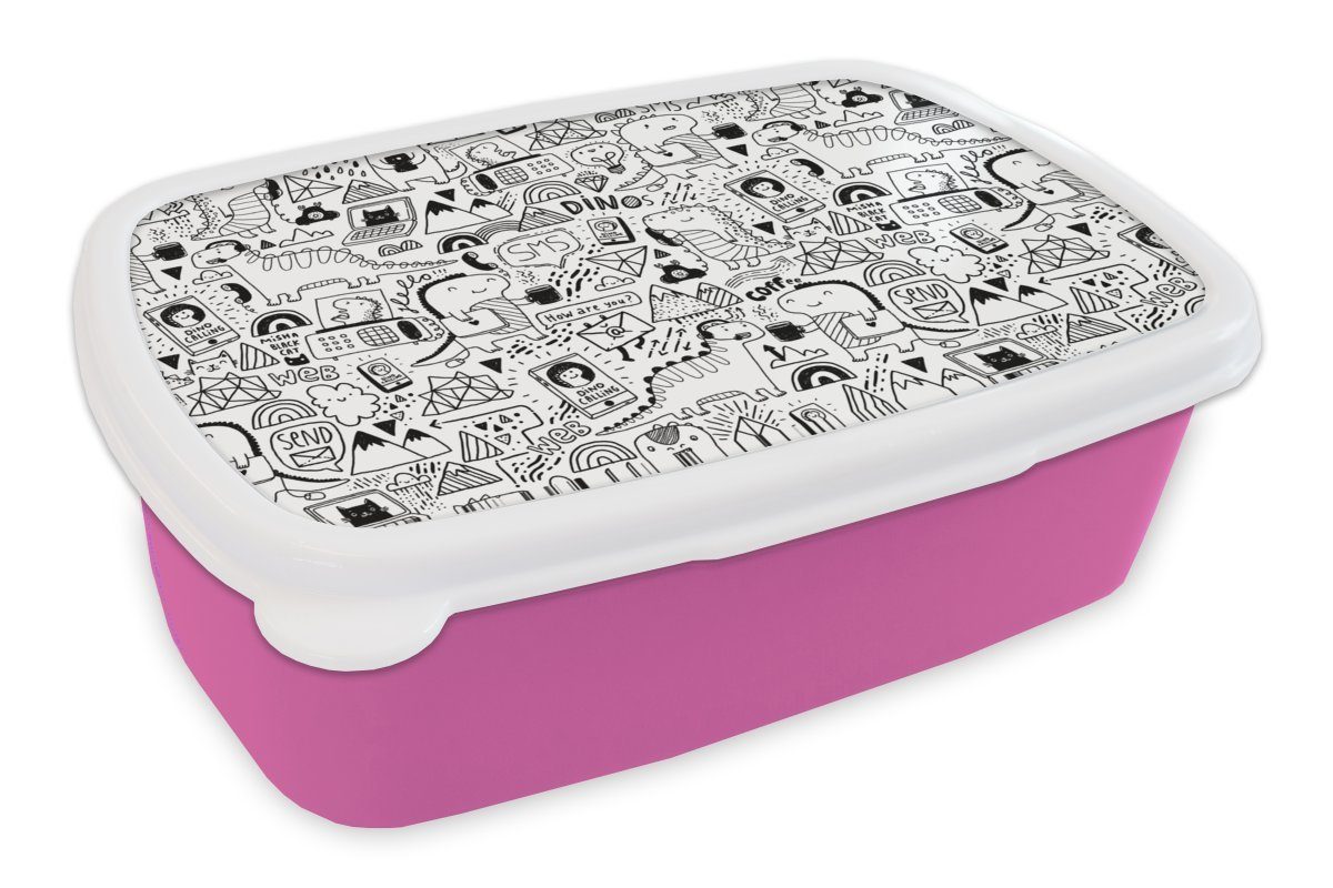 MuchoWow Lunchbox Muster - Dinosaurier - Telefon, Kunststoff, (2-tlg), Brotbox für Erwachsene, Brotdose Kinder, Snackbox, Mädchen, Kunststoff rosa