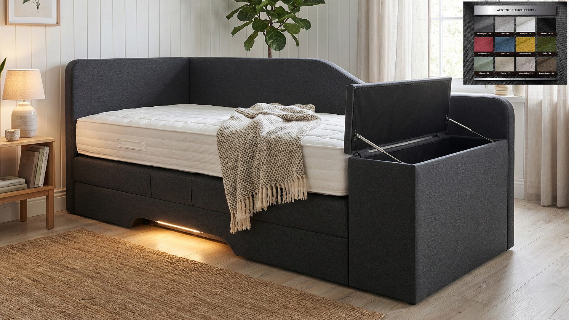 PAARA Boxspringbett mit Bettkasten und LED Beleuchtung, inkl. Matratze, mit einzigartigem Belüftungssystem