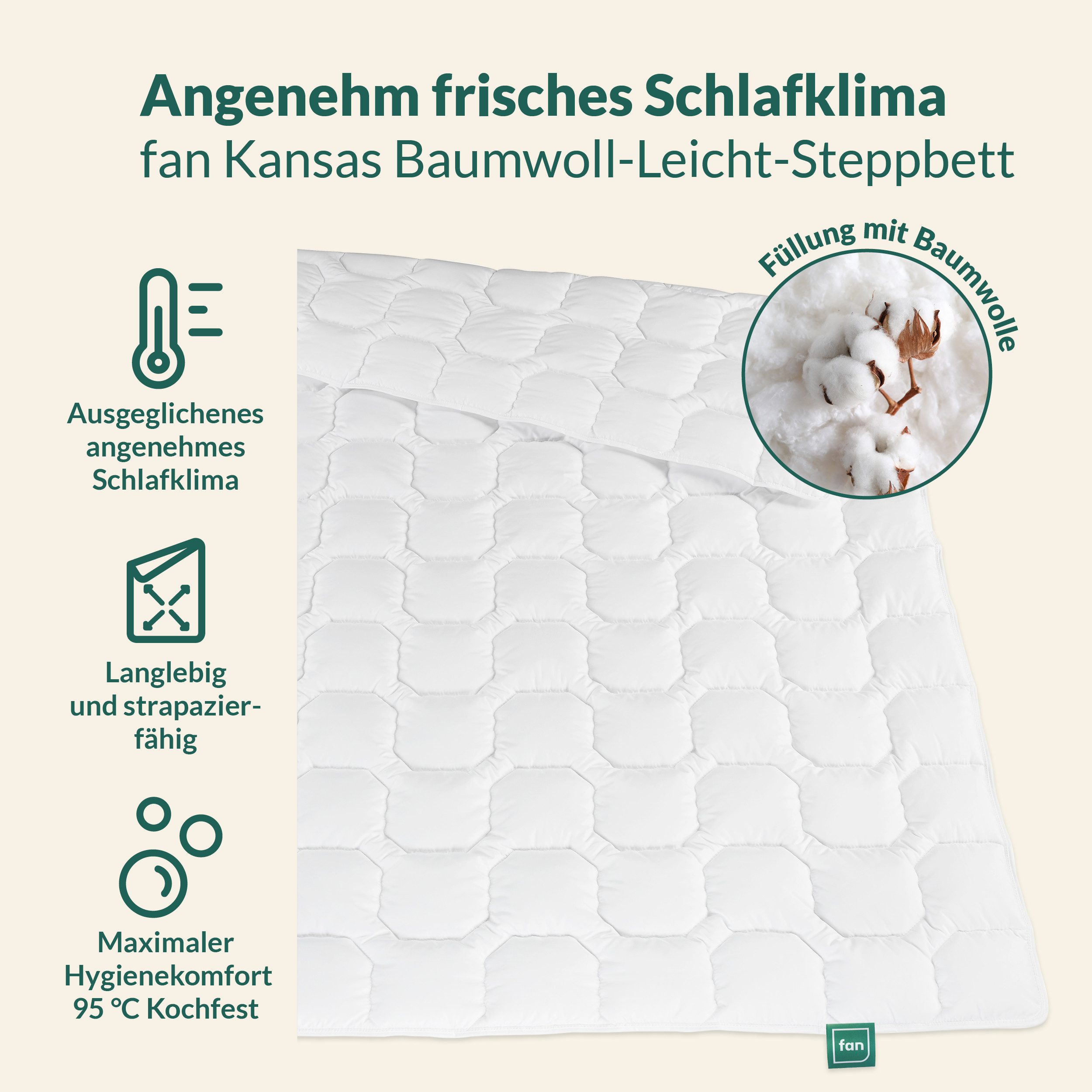 fan Baumwollbettdecke Kansas, Bettdecken für Sommer und Winter, Decke, Füllung: 100% Baumwolle, Bezug: 100% Baumwolle, Bettdecke 135x200 cm, 155x220 cm und weiteren Größen, Made in Germany