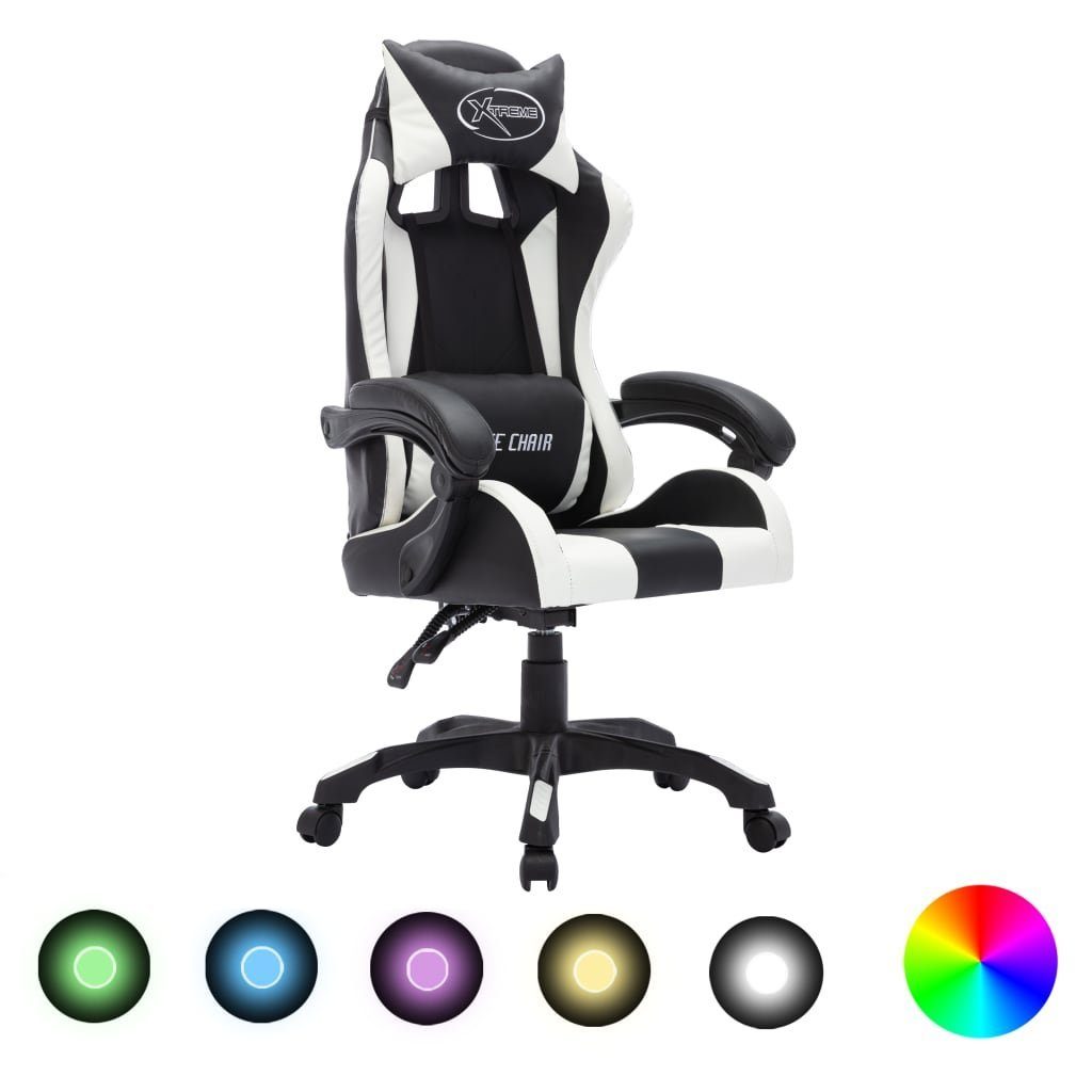 vidaXL Bürostuhl Gaming-Stuhl mit und Schwarz (1 | Schwarz RGB Weiß Schwarz Kunstleder und Weiß Weiß LED-Leuchten und St)