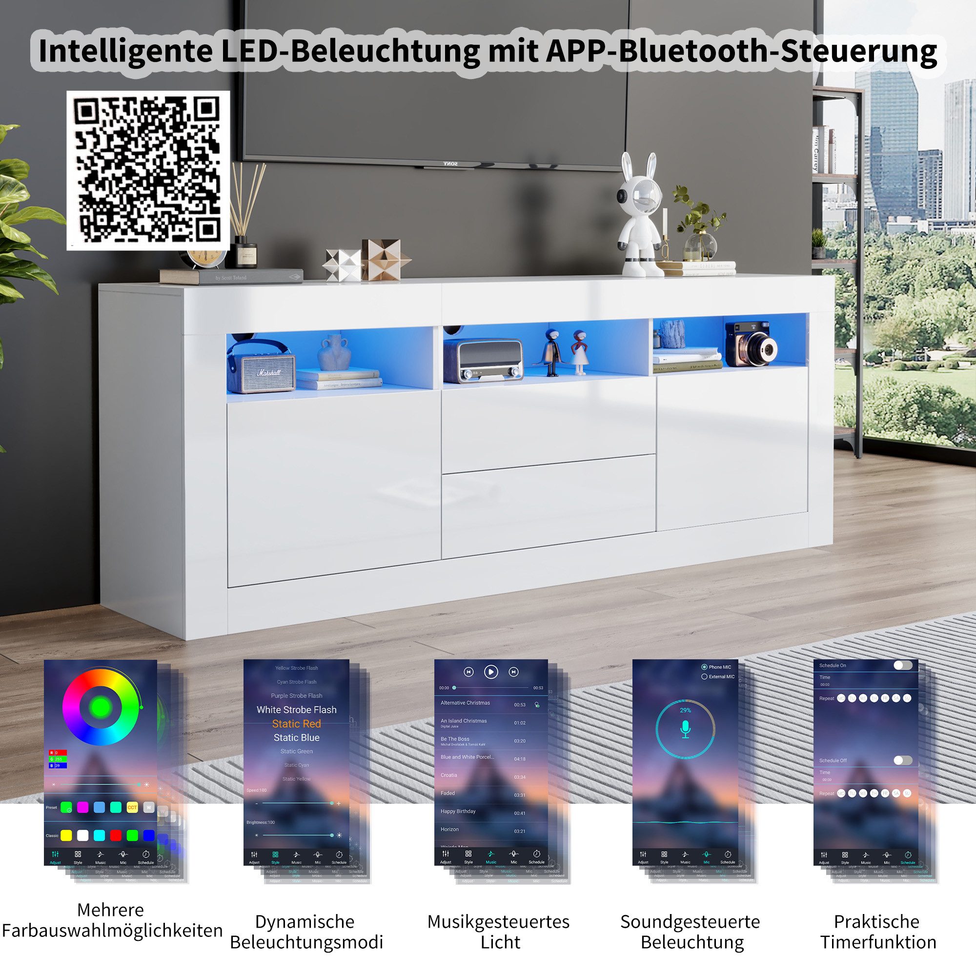 STILVORA Lowboard mit LED&Schubladen,TV-Schrank Fernsehschrank mit offenen Fächern (TV-Ständer für 70-Zoll-Fernseher, 3 offenen Fächern, 2 Türen, 2 Schubladen), mit LED-Beleuchtung