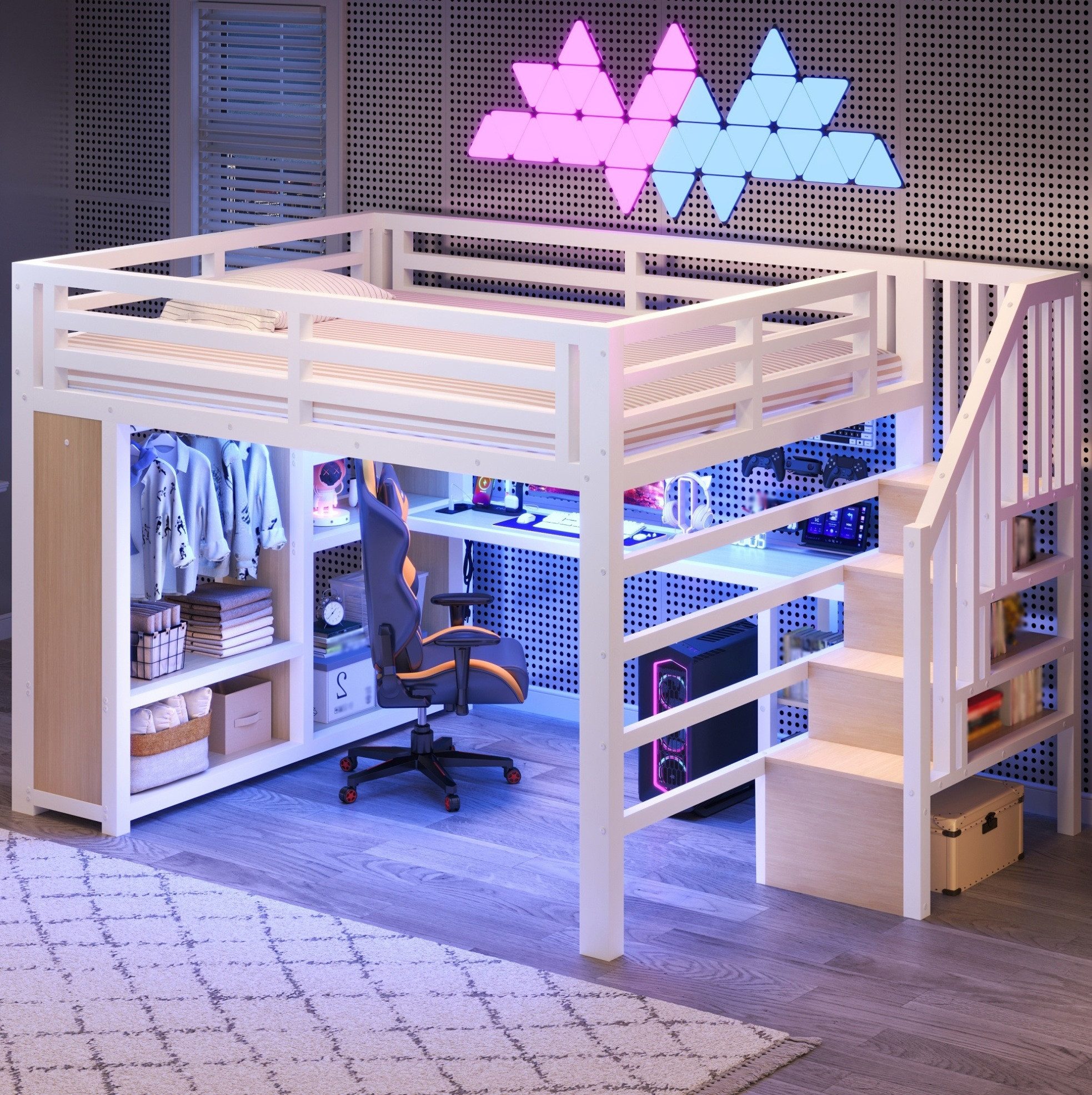 MODFU Hochbett Jugendzimmer Möbel mit Treppe Kleiderschrank und Fächern (Packung, 1-St., 160×200 cm Spielbett Weiß aus Metall mit LED Beleuchtung) Bett mit integriertem Schreibtisch und USB Ladefunktion,ohne Matratze