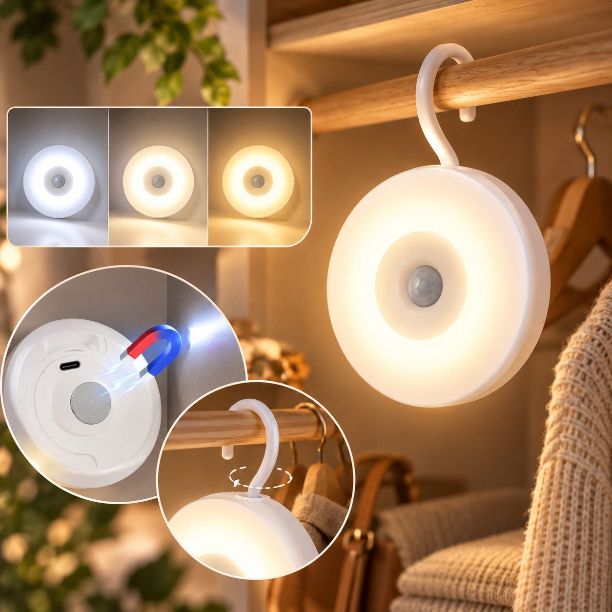 Fyrove LED Nachtlicht Nachtlampe mit Bewegungsmelder, 3CCT & 360° Haken,dimmbar & aufladbar, LED fest integriert, warmweiß, Neutralweiß, Tageslichtweiß, kaltweiß, ideal für Flur, Treppe, Kinderzimmer, Schlafzimmer & Schrank