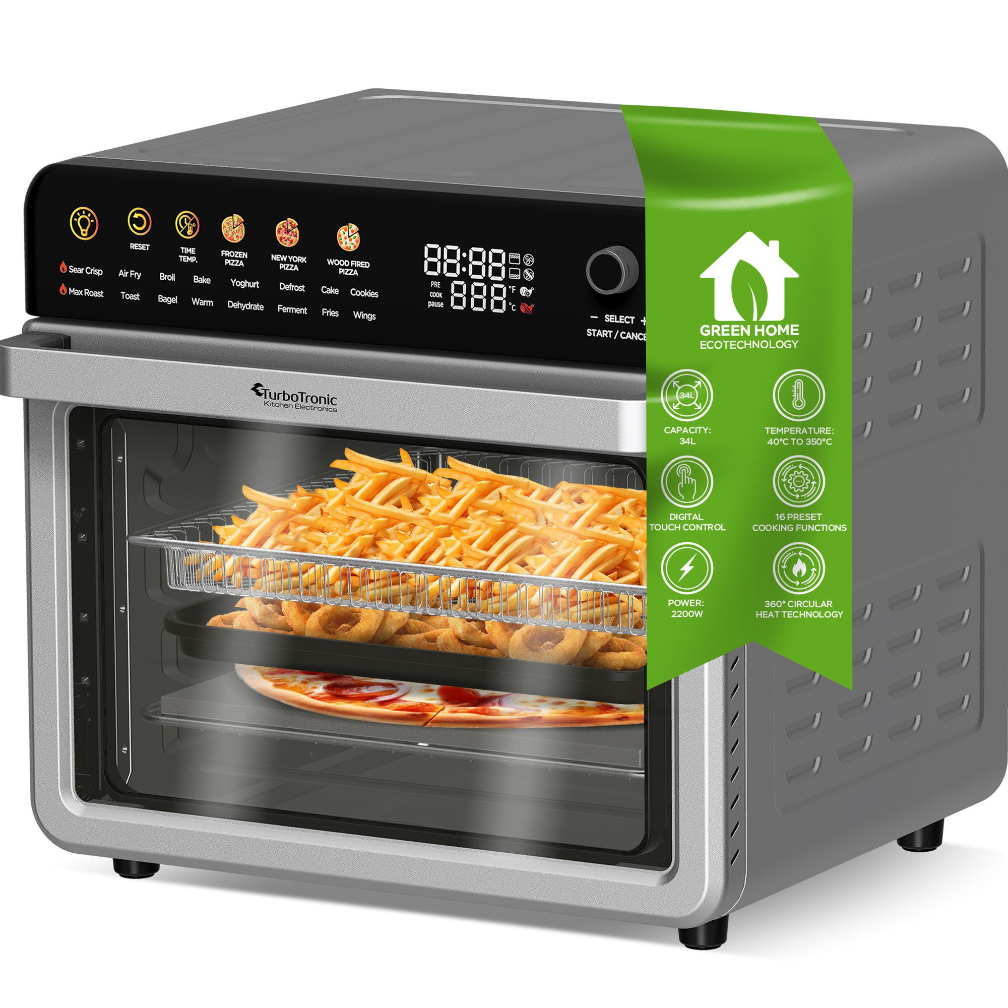 TurboTronic by Z-Line Minibackofen Dörrer und Pizzaofen 40-350°C - 16in1 Multifunktionsofen 34L AirFryer, 2200W Power Heißluftofen Heißluftfritteuse Dörrgerät Pizza New York