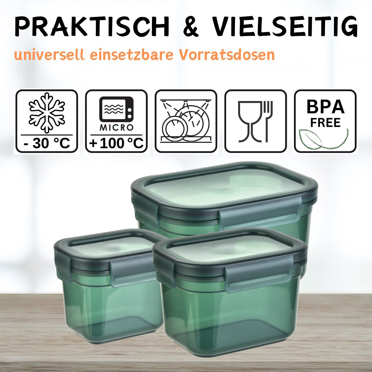 Engelland Frischhaltedose 3er Set Aufbewahrungsdosen mit Deckel, Vorratsdose, Frischhaltedose, Kunststoff/Silikon, (Vorteils-Set, 3-tlg., 0,6 L / 1,1 L / 2,0 L) – Bild 5 von 5