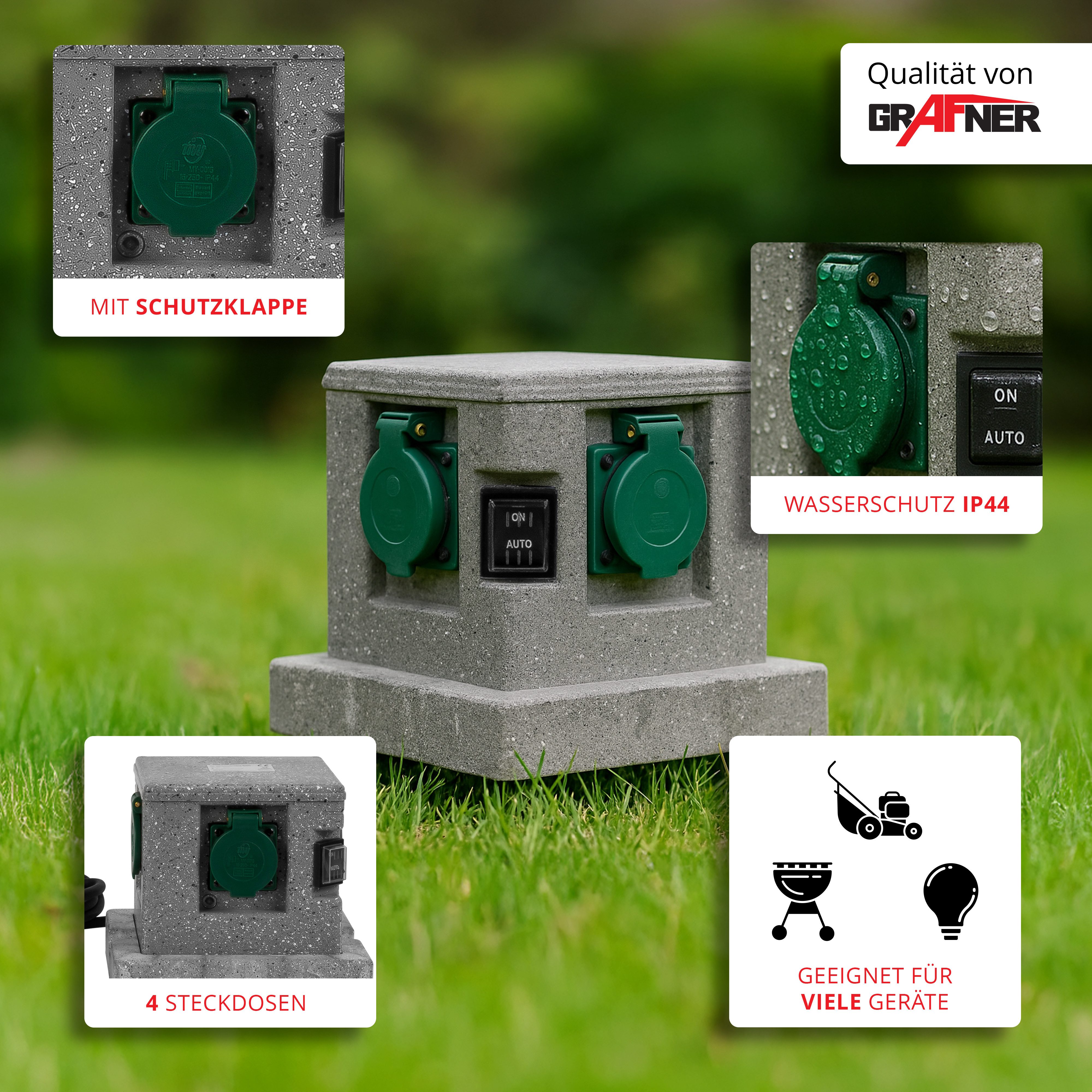 Grafner Gartensteckdose Gartensteckdose Außensteckdose Steckdose Steinoptik Quadratisch, Set, 2-St., Gartensteckdose + Erdspieß, 4 mit Erdspieß, 4-fach, Außensteckdose in Steinoptik