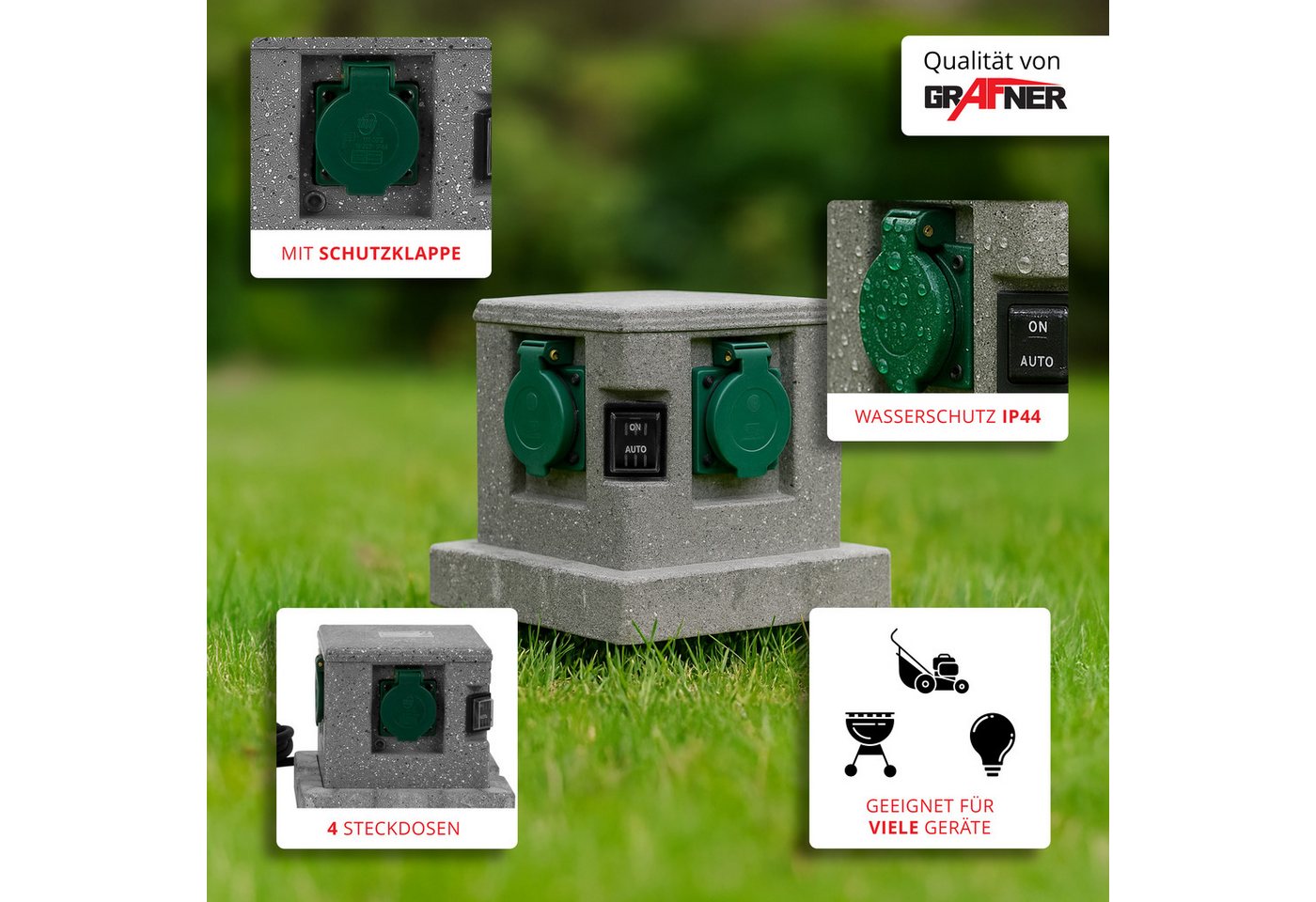 Thumbnail - Grafner Gartensteckdose Gartensteckdose Außensteckdose Steckdose Steinoptik Quadratisch, Set, 2-St., Gartensteckdose + E...