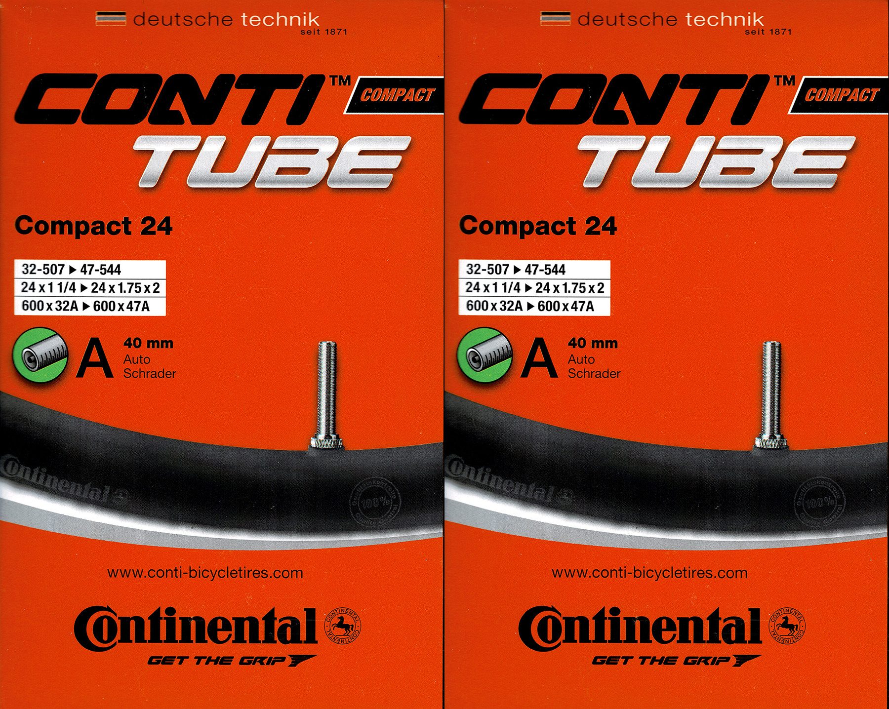 CONTINENTAL Fahrradschlauch 2x Continental Compact 24 Schlauch 24 Zoll AV (32/47-507/540) AV 40mm, 1,50, 1,75, 1,40, 1,60, 2 1/4, 1,25, 1,35, (2-St)