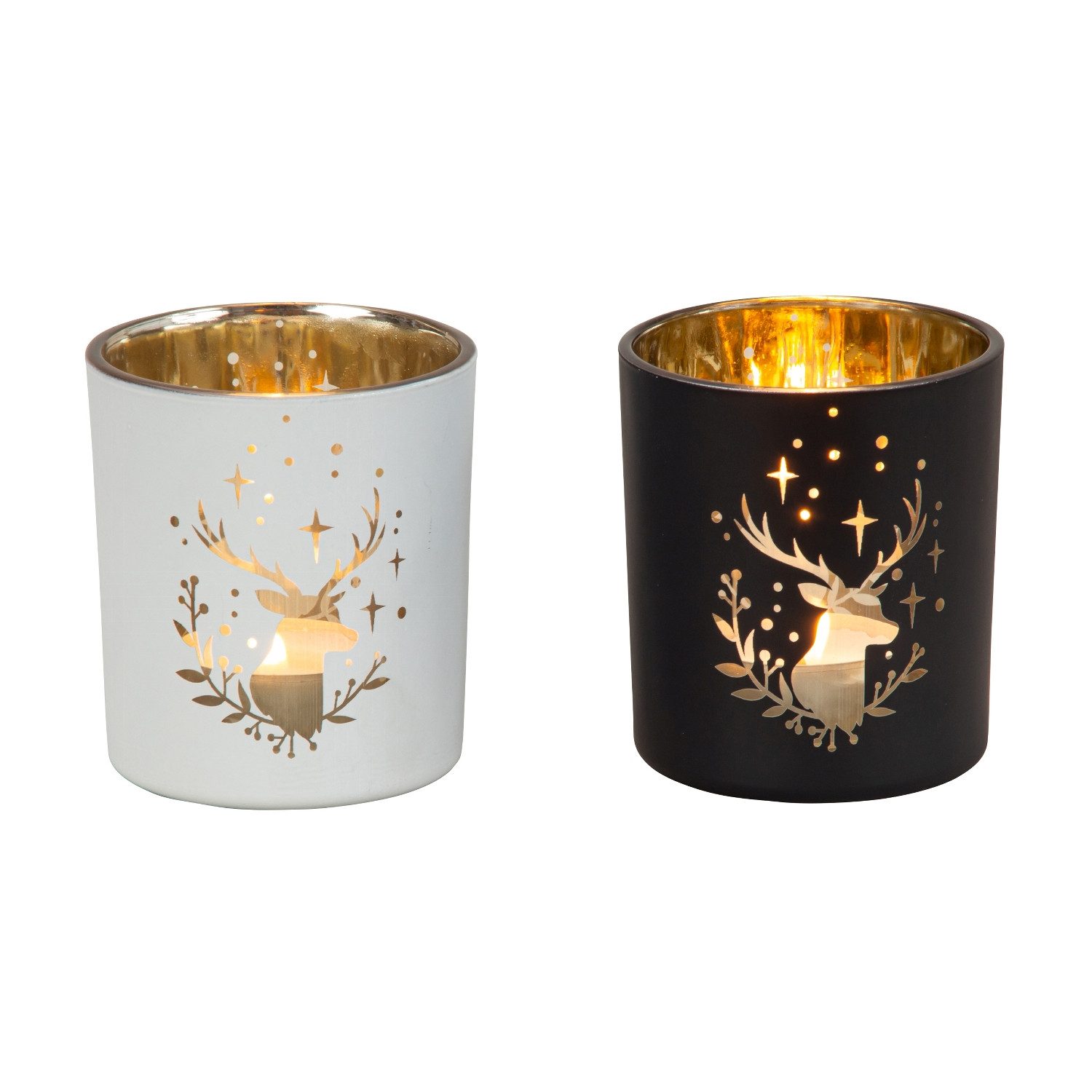 Macosa Home Windlicht Weihnachten 2er Set Glas Hirsch Schwarz Weiß 7 cm rund (2 St., Kerzenhalter Weihnachten Winter Herbst), Teelichthalter Glas, Kerzenhalter, Tischdeko, Weihnachtsdeko, Deko
