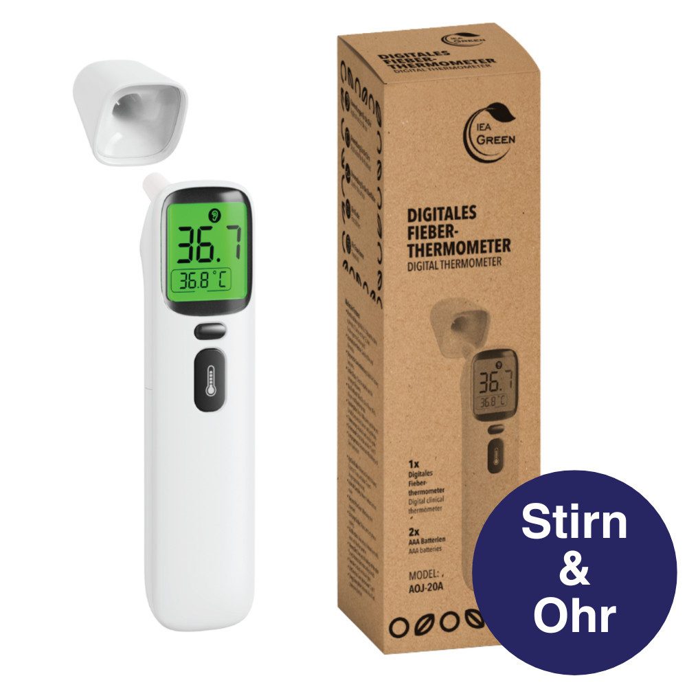 IEA Green Infrarot-Fieberthermometer kontaktloses Fieberthermometer AOJ-20A, FSC Verpackung, 1-tlg., für Babys/Kinder/Erwachsene, Stirn & Ohr, Farbwarnsystem