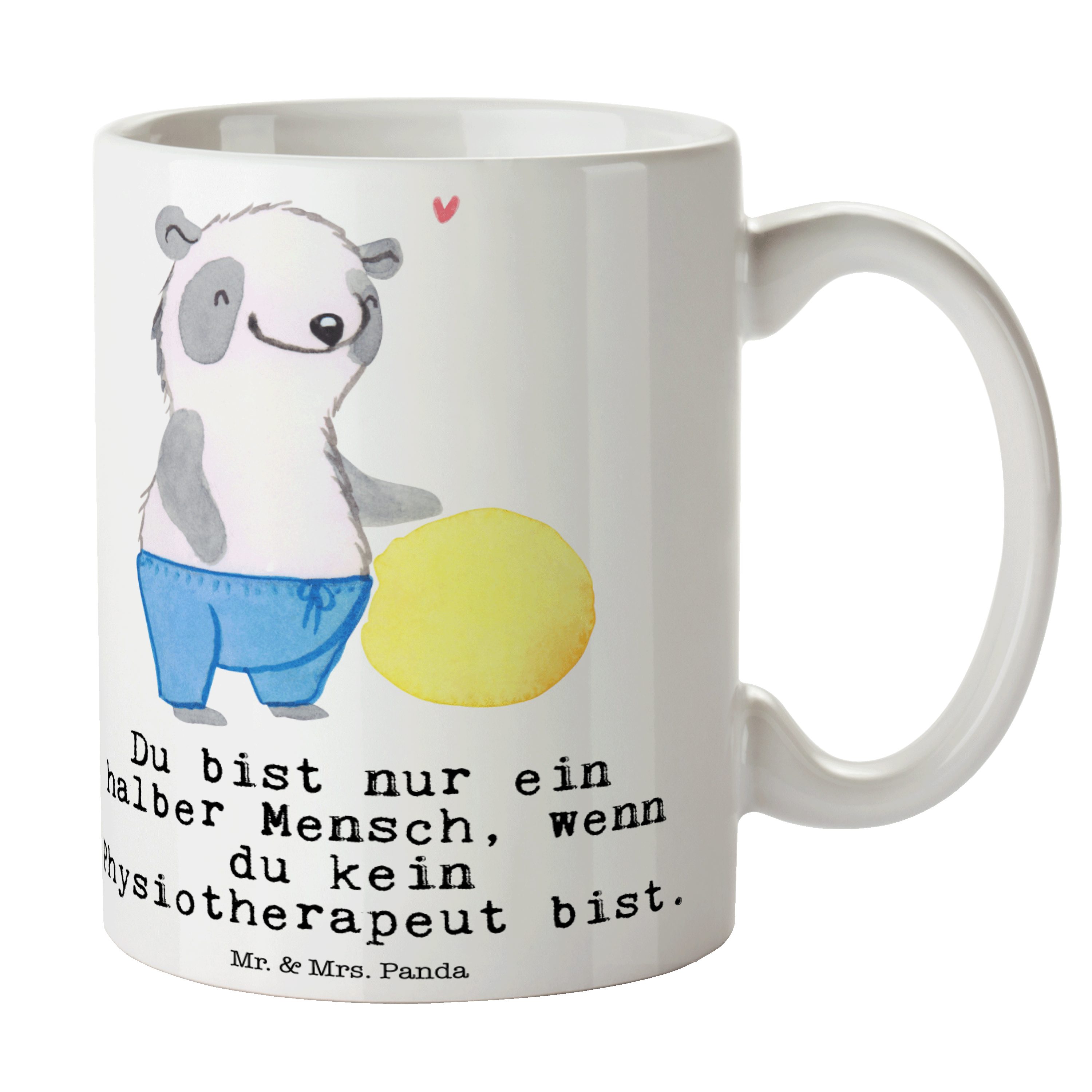 Tasse - Mrs. Sprüche, Weiß Keramik Tasse Physiotherapeut & Mr. Geschenk, mit Panda Dankeschön, - Herz