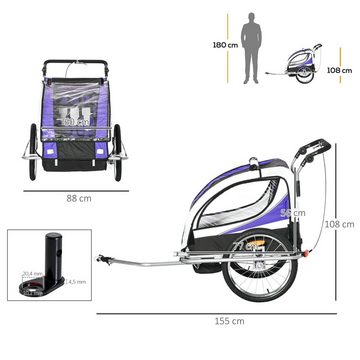 HOMCOM Fahrradkinderanhänger für 2 Kinder inkl. Reflektoren u. Fahne Blau+ Weiß + Schwarz, für 2 Kinder