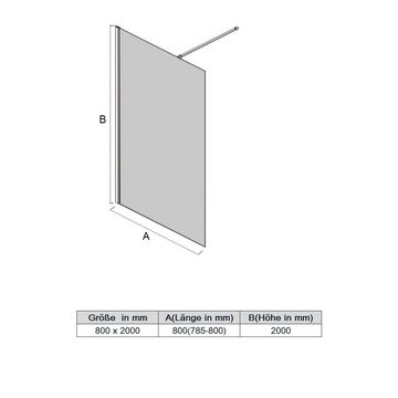 SONNI Walk-in-Dusche Walk in Duschwand Duschabtrennung, 8mm Einscheibensicherheitsglas mit Nano Beschichtung, Höhe 200cm, vollsatiniert, mit Stabilisator