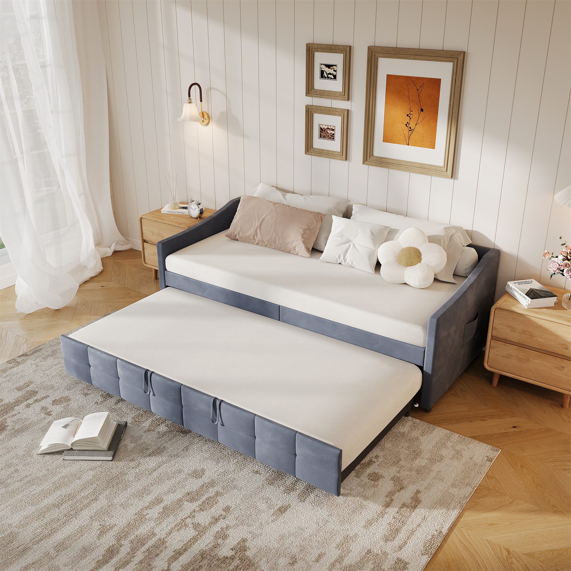 Furnishings Home Polsterbett Daybett Tagesbett Ausziehbett (1 tlg), Schlafsofa, Mit Unterbett, zwei 90x200 cm, Lattenrost, Samt
