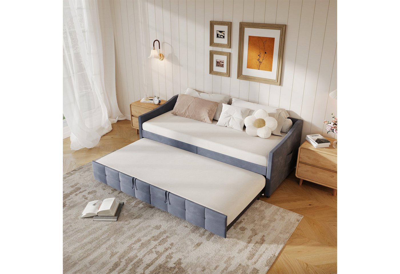Gdood Polsterbett Tagesbett Daybett Ausziehbett (1-tlg), Schlafsofa, Mit Unterbett, zwei 90x200 cm, Lattenrost, Samt