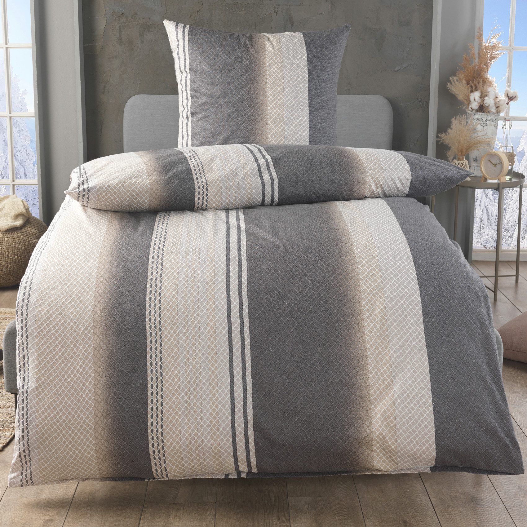 Malika Bettwäsche aus 100 % Baumwolle, 135x200 + 80x80 cm, Grau-Beige, Streifen, Baumwolle, 2 teilig, Für Allergiker geeignet, pflegeleicht, angenehm weicher Stoff