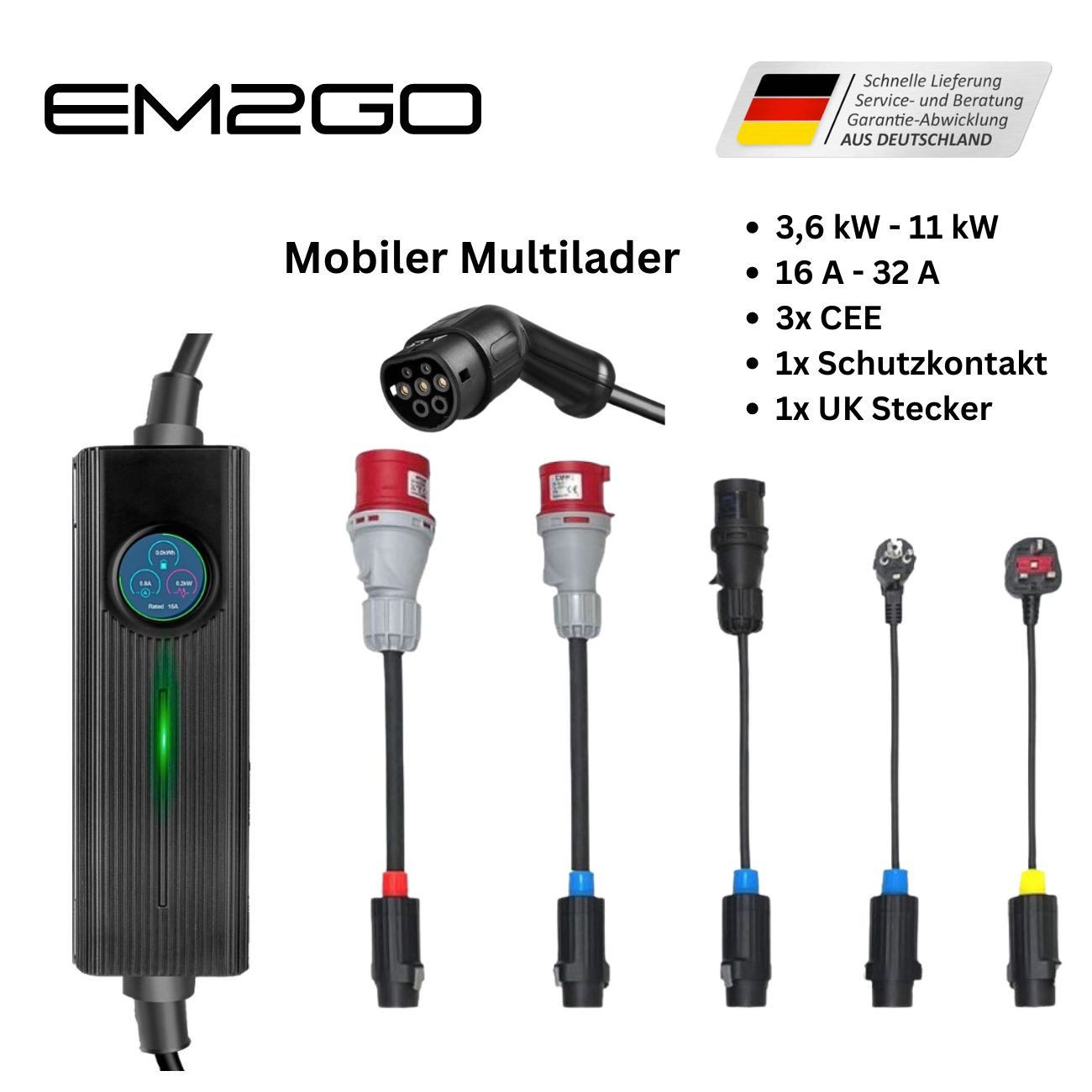EM2GO Mobil, Mobile Elektroauto-Ladestation Mobile Wallbox mit 5 Adapter, Wandhalterung und Tasche