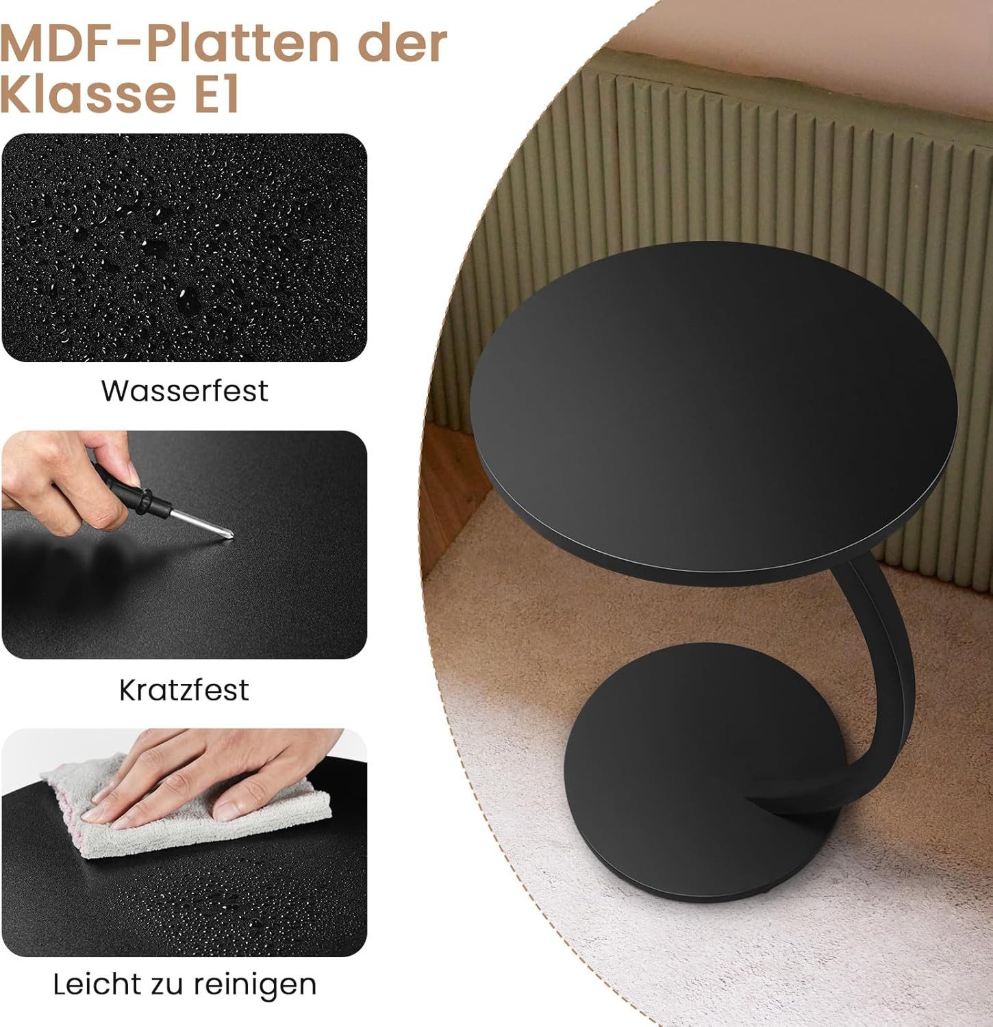 Woltu Beistelltisch (1-St), C Form, Kaffeetisch rund, für Couch Sofa Bett, φ 40 x H 65 cm
