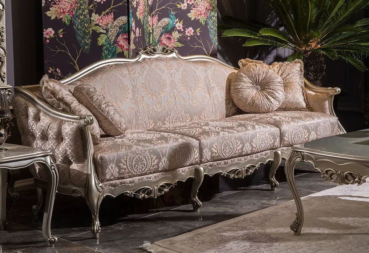 Casa Padrino Sofa Luxus Barock Wohnzimmer Sofa Rosa / Silber 245 x 83 x H. 104 cm - Massivholz Sofa mit elegantem Muster und dekorativen Kissen - Wohnzimmer Möbel im Barockstil