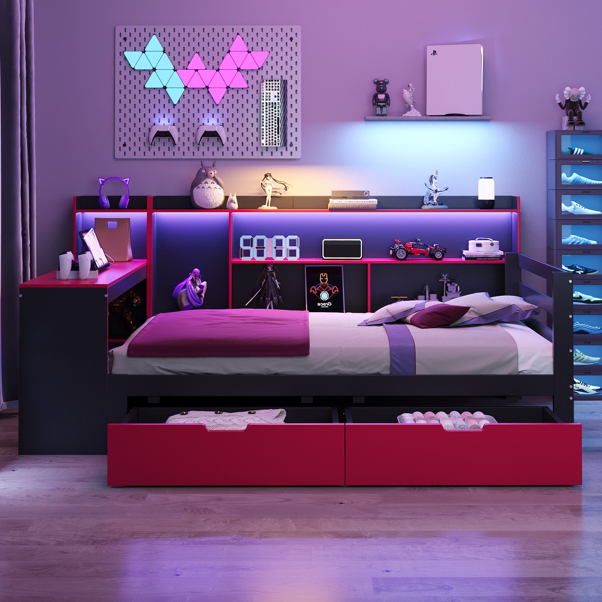 Flieks Daybett, Holzbett 90x200cm mit Schreibtisch Staufach Schubladen LED & Aufladen