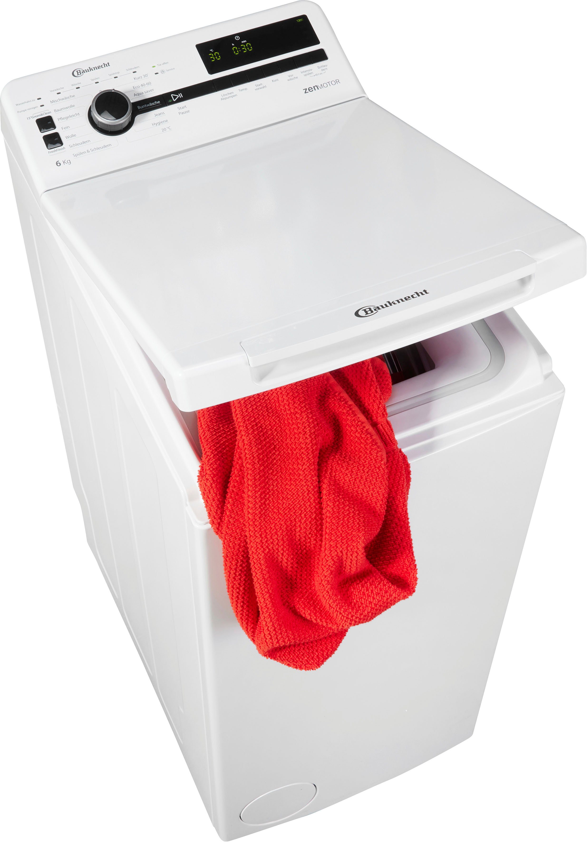 BAUKNECHT Waschmaschine Toplader WMT ZEN 612 B SD, 6 kg, 1200 U/min, Kurz 30 min., Vollwasserschutz, SoftOpening, Startzeitvorwahl