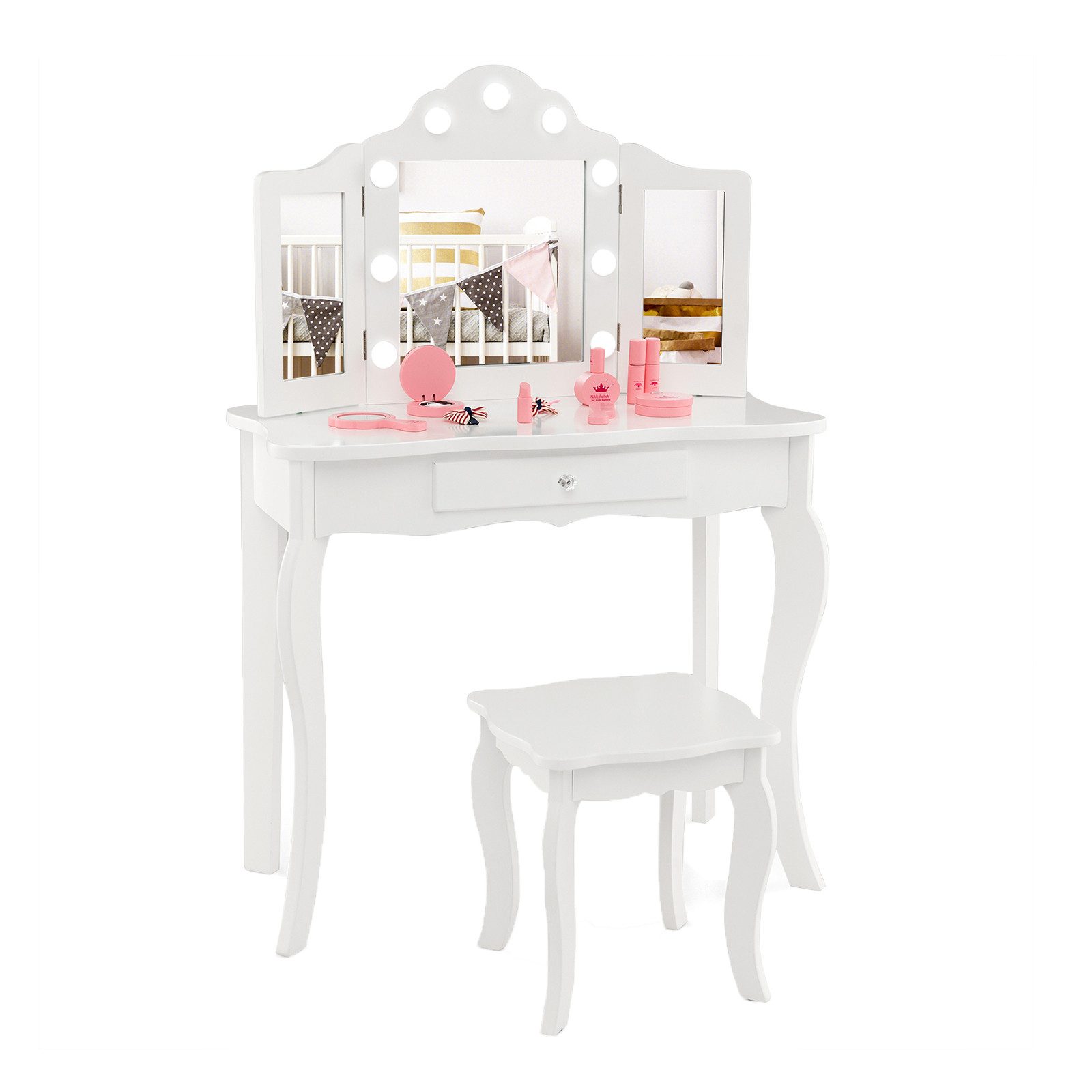 COSTWAY Schminktisch Kinder Schminktisch Set, einstellbare LED Beleuchtung günstig online kaufen