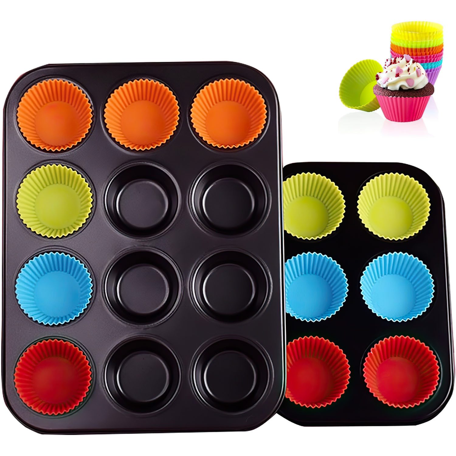 HEYHIPPO Muffinform Cupcake-Backform, antihaftbeschichtet, runde Kuchenform für 12 Tassen, (Spar-Set), Muffinform, 2er-Pack mit 24 Silikonförmchen, 25,4x 38,1cm,Karbonstahl