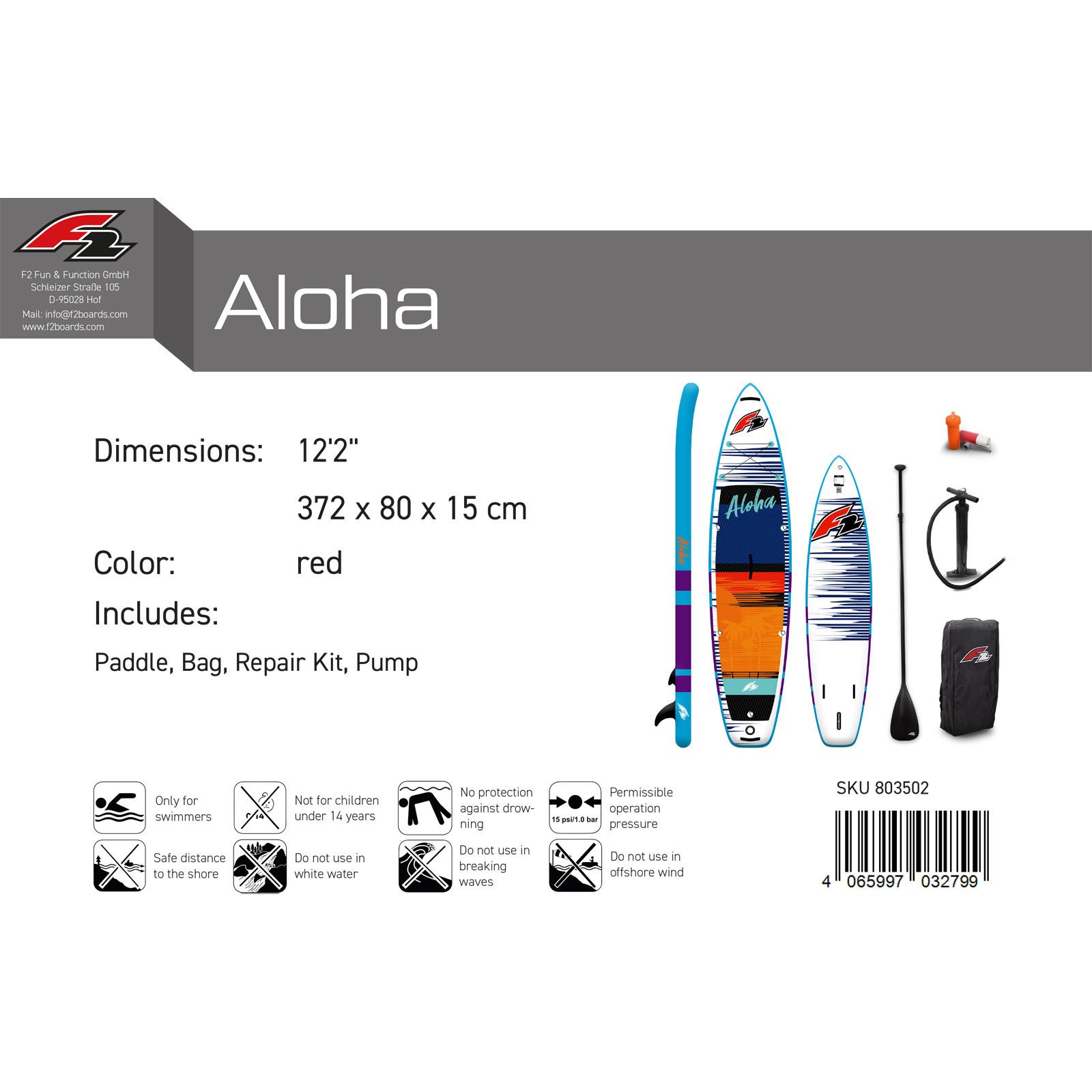 F2 SUP-Board F2 SUP Stand Up Paddle Board Aloha 12'2'' Rot 2024, Stand up paddle board