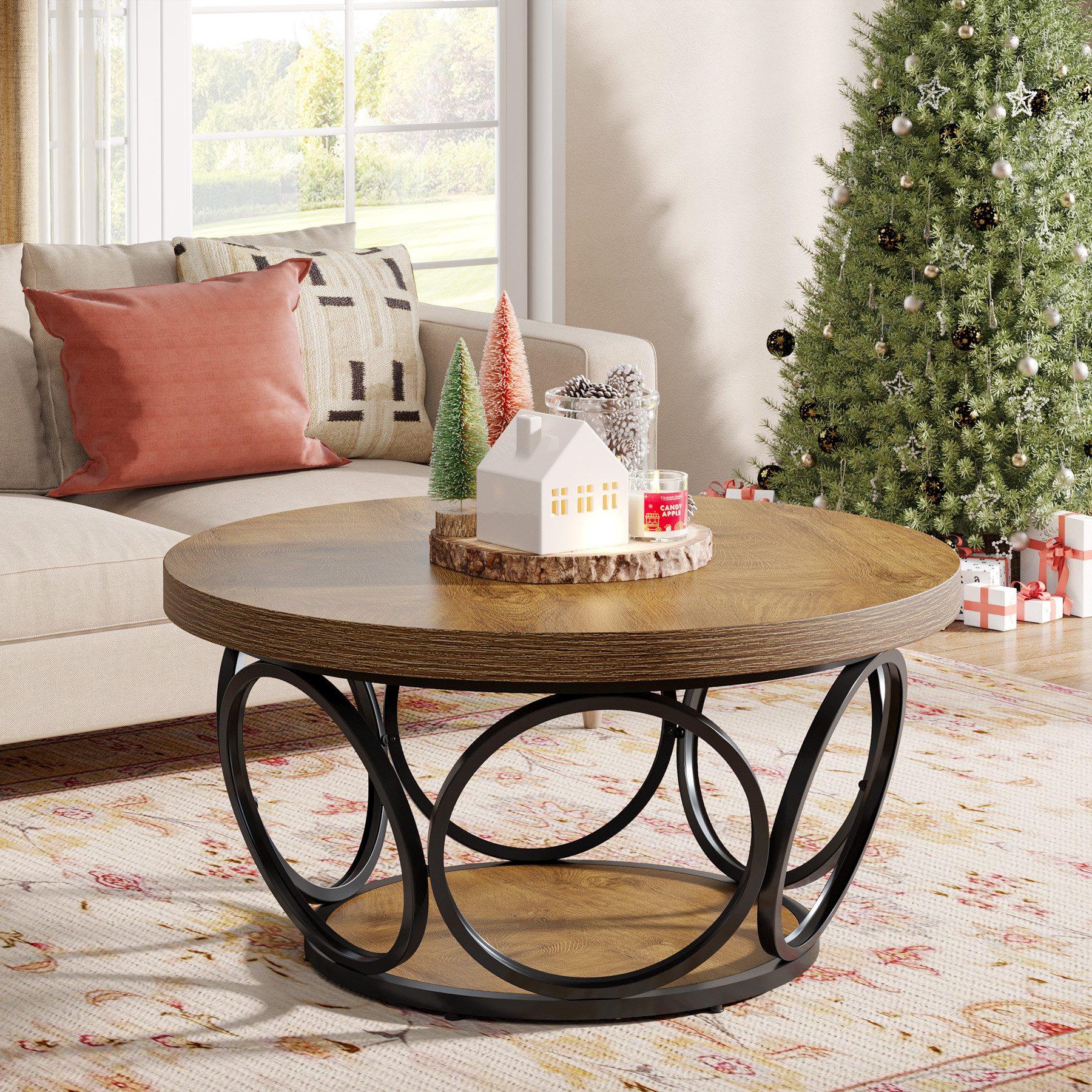 Tribesigns Couchtisch Runde Kaffeetisch Beistelltisch, Industrial 2-Tier-Kreis Holztisch, Bauernhaus Große Runde wohnzimmertisch, Moderne Braune Teetisch