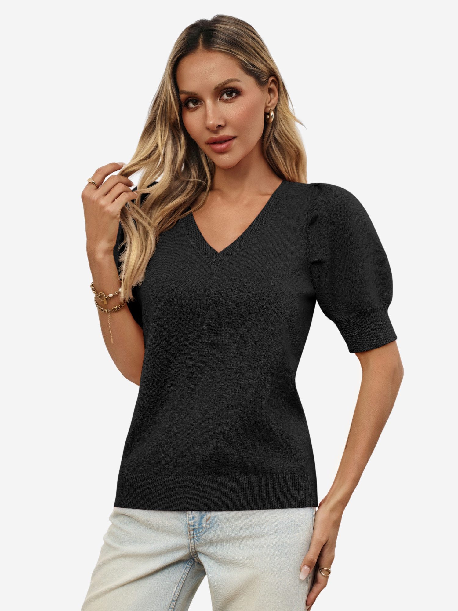 Imily Bela Stricktop Damen Halbarm Puffärmel V-Ausschnitt Top Stricken Somm günstig online kaufen