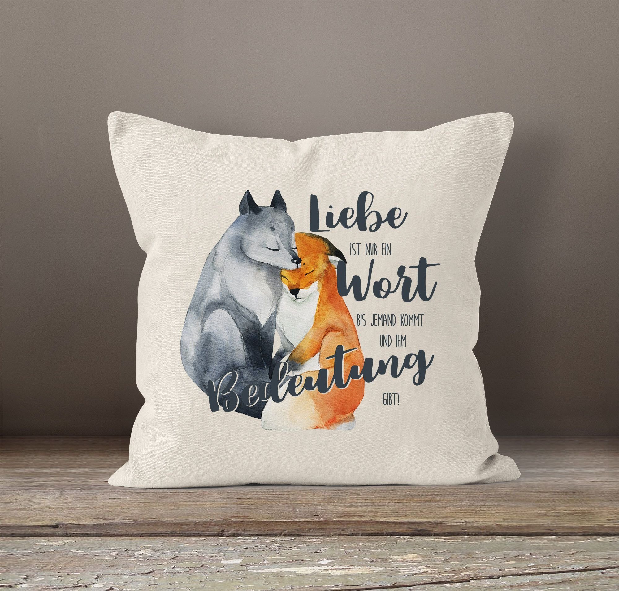 Geschenk Deko-Kissen Verliebte MoonWorks® für Spruch Baumwolle Fuchs Liebessprüche natur Kissen-Hülle Liebe Dekokissen Liebe Wort ein nur ist Kissen-Bezug MoonWorks