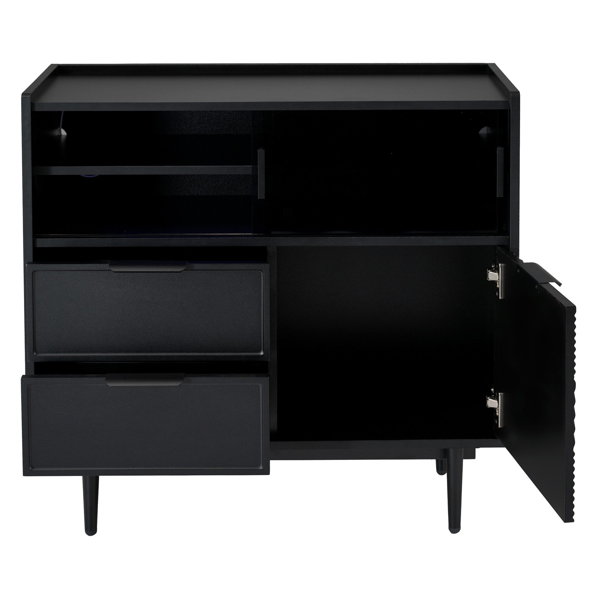 Flieks Sideboard mit 2 Schubladen und 2 Glasschiebetüren (1 St., B80/T35/H80 cm), Kommode mit LED-Beleuchtung Wohnzimmerschrank Schwarz, Metallbeine